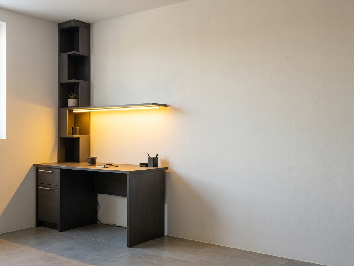 A crisp interior architectural photograph capturing the exact desk assembly and corner composition, rendered with photographic authenticity and realism. The dark slate-grey laminate desk, side drawers with brushed metal handles, and tall modular shelving tower retain their exact geometry, featuring fine surface micro-textures, matte sheen, and subtle edge imperfections. Underneath the horizontal upper shelf, a flush warm yellow LED strip glows brightly at roughly 2700K, casting a rich, inviting golden light across the matte grey desktop surface and soft warm gradients onto the back wall. The surrounding off-white walls exhibit smooth plaster drywall textures with subtle ambient occlusion shadows in the structural corner. Lit by a blend of this soft ambient indoor illumination and the vivid localized yellow LED glow, the scene is photographed using a 35mm focal length at f/4.0, displaying authentic light falloff, delicate micro-reflections on the desk top, realistic tonal depth in dark shadow areas, and faint camera sensor grain.