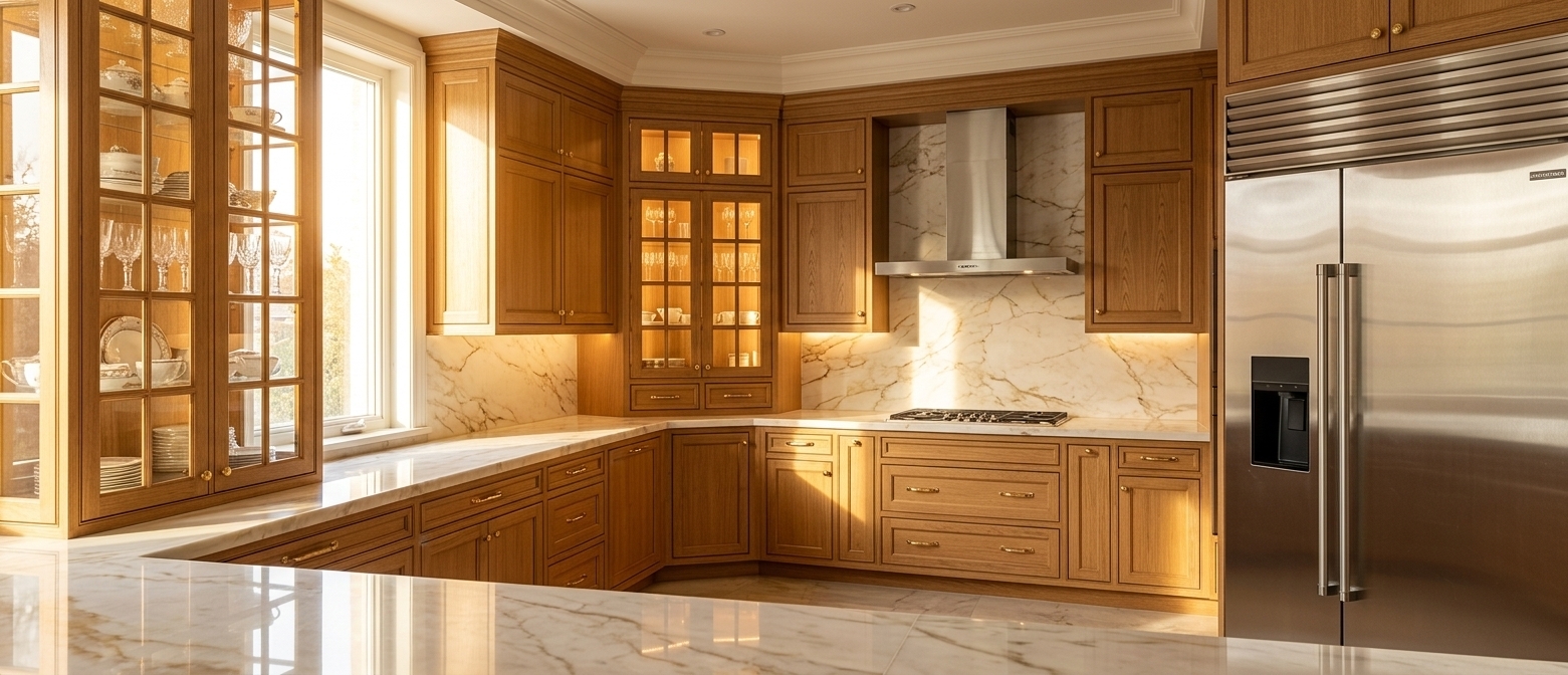 An incredibly lifelike, richly detailed, photorealistic wide-angle interior photo of a lavish, French country-inspired luxury kitchen set in an upscale residence. The scene is illuminated by golden morning sunlight streaming gracefully from adjacent windows, combined with soft under-cabinet strip lighting and warm interior cabinet glows, creating a serene, warm, and distinctly opulent atmosphere. Captured with a 24mm tilt-shift architectural lens, emphasizing the organic warmth of fine wood grain, the exquisite polished Calacatta gold marble, and the radiant sheen of brushed gold hardware.

The kitchen strictly adheres to an expansive L-shaped layout featuring warm, honey-toned oak cabinetry that stretches all the way to the ceiling with stacked upper transom display cabinets. Every cabinet door and drawer is adorned with slender, polished gold handles that catch the light, adding a refined touch of timeless elegance. The wood finish exhibits a velvety satin sheen along the crisp bevels, crown moldings, and side edges, highlighting the craftsmanship of French country joinery.

To the left, the glass-mullion upper cabinet doors sparkle under the light, revealing fully custom interior warm LED illumination. Inside, an elegant array of fine porcelain dishware, crystal glassware, and ceramic serving bowls are beautifully arranged, reflecting off the crystal-clear glass panes.

The countertops and full-height backsplash are crafted from a seamless, ultra-luxurious white marble imbued with delicate, swirling veins of rich gold and subtle grey. Beneath the wall cabinets, continuous warm task lighting casts a subtle glow across the polished marble surfaces, highlighting its smooth, glossy finish.

Every appliance is integrated with meticulous precision: a sleek gas cooktop sits flush within the marble countertop, topped by a prominent brushed stainless steel chimney range hood. Beside it, high-end stainless steel wall ovens are built seamlessly into the tall cabinetry wall. On the far right, a large, modern double-door refrigerator features a sleek brushed metal texture with realistic reflections, complete with a dark water dispenser panel.

The flooring consists of large-format, high-gloss polished marble tiles that mirror the scene above—reflecting the rich wooden cabinetry, the golden glow of the lighting, and the brilliant sunlight in a soft, dreamy blur. Soft, natural ambient shadows ground each architectural element, granting remarkable depth, three-dimensionality, and refined realism to this sophisticated space.