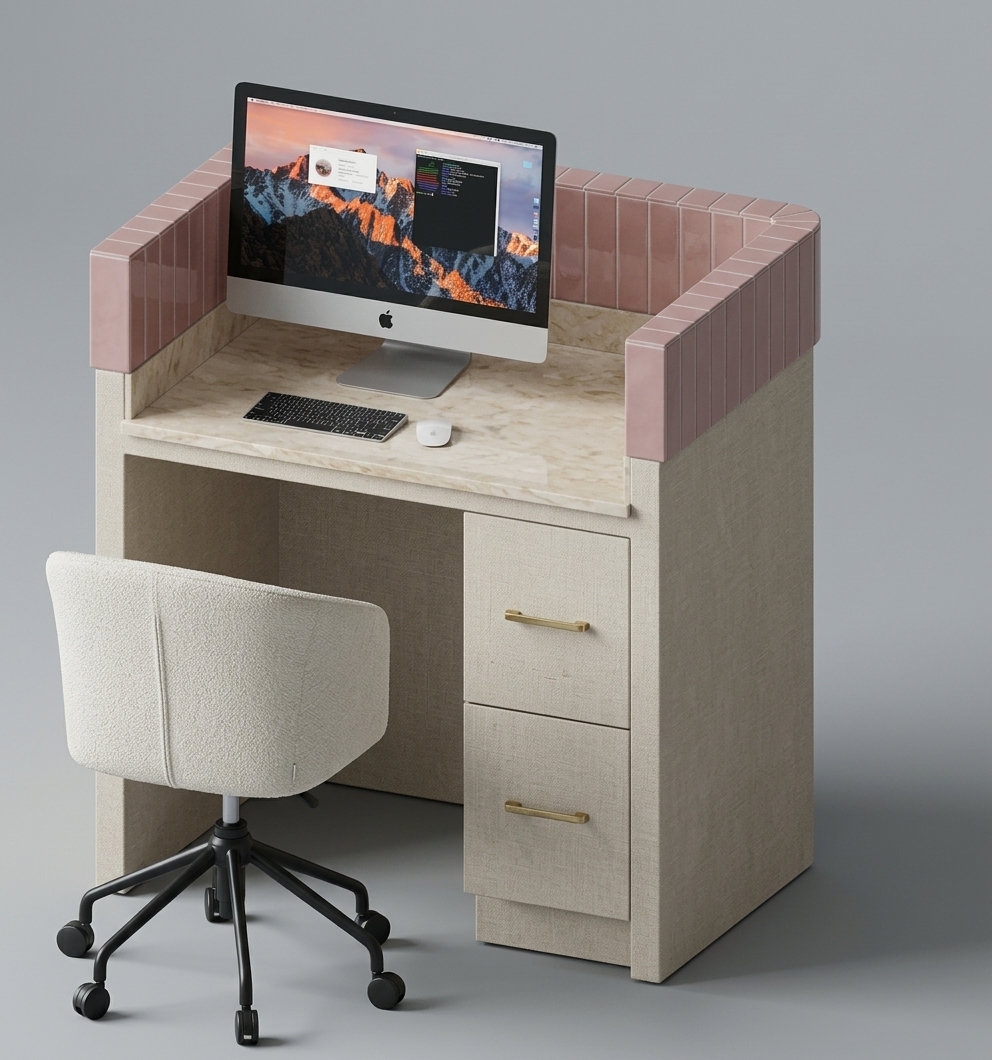 A studio photograph of the exact desk setup from the input image, captured at the same high-angle isometric perspective against a clean, seamless white background. The desk frame is constructed with a beige concrete-effect finish, exhibiting realistic tactile micro-textures and a soft matte surface. The worktop surface features polished Perlato marble, showing detailed cream and tan flecked veining with a glossy sheen that subtly reflects the illuminated display of the sleek aluminum all-in-one desktop computer. The raised upper rim is lined with dusty pink glazed earthenware tiles, detailed with crisp grout lines and soft ceramic specular highlights. The computer screen is bright and active, casting a gentle ambient glow onto the black keyboard and white mouse rested on the marble surface. In the foreground, the off-white upholstered office chair displays subtle fabric texture and soft creasing, resting on a matte black star base with rolling casters. Clean, diffused studio lighting creates realistic soft shadows beneath the desk and chair, revealing natural photographic depth, sharp focal clarity, and fine micro-imperfections like subtle surface reflections and minute dust specks.