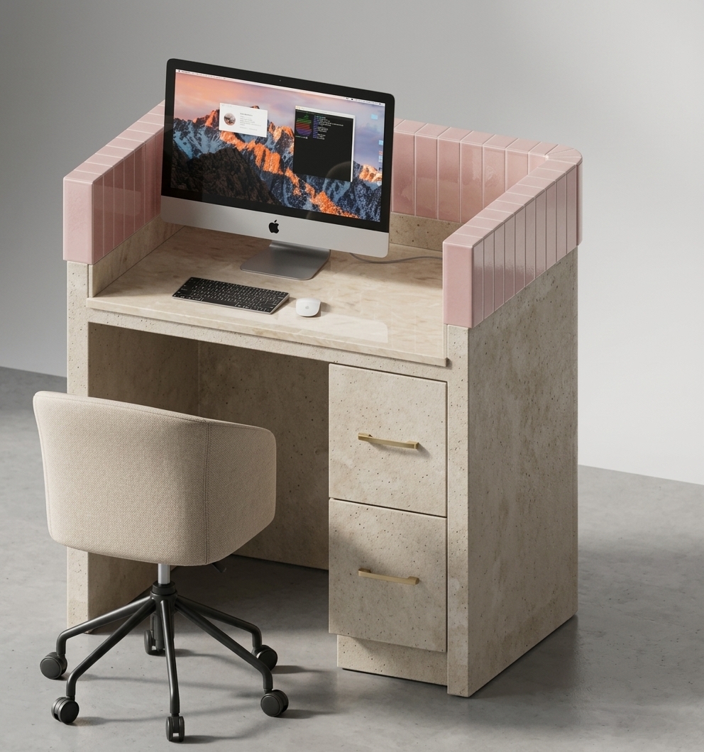 A studio photograph captures this exact workstation from a high three-quarter angle against a clean, seamless pure white background, maintaining the identical composition and geometry. The upper rim features vertical powder pink faience ceramic tiles with a subtle glossy glaze finish, delicate grout lines, and soft specular highlights. The main cabinet body of the desk is crafted from smooth beige concrete with fine micro-porous textures and a tactile matte sheen. The desktop surface is polished Perlato marble, showcasing authentic cream and beige tones, subtle fossil-like flecks, natural soft veining, and a satin polish that faintly reflects the monitor above. An aluminum computer display rests on the marble worktop with realistic glass screen reflections, paired with a matte black keyboard and a white mouse. In the foreground, the upholstered white desk chair displays natural fabric weave texture, supported by a matte black five-star swivel base. Soft, diffused daylight-balanced studio lighting casts smooth, realistic contact shadows on the ground plane beneath the base and casters, enriched with microscopic surface details like faint dust and natural material grain for a genuine photographic quality.