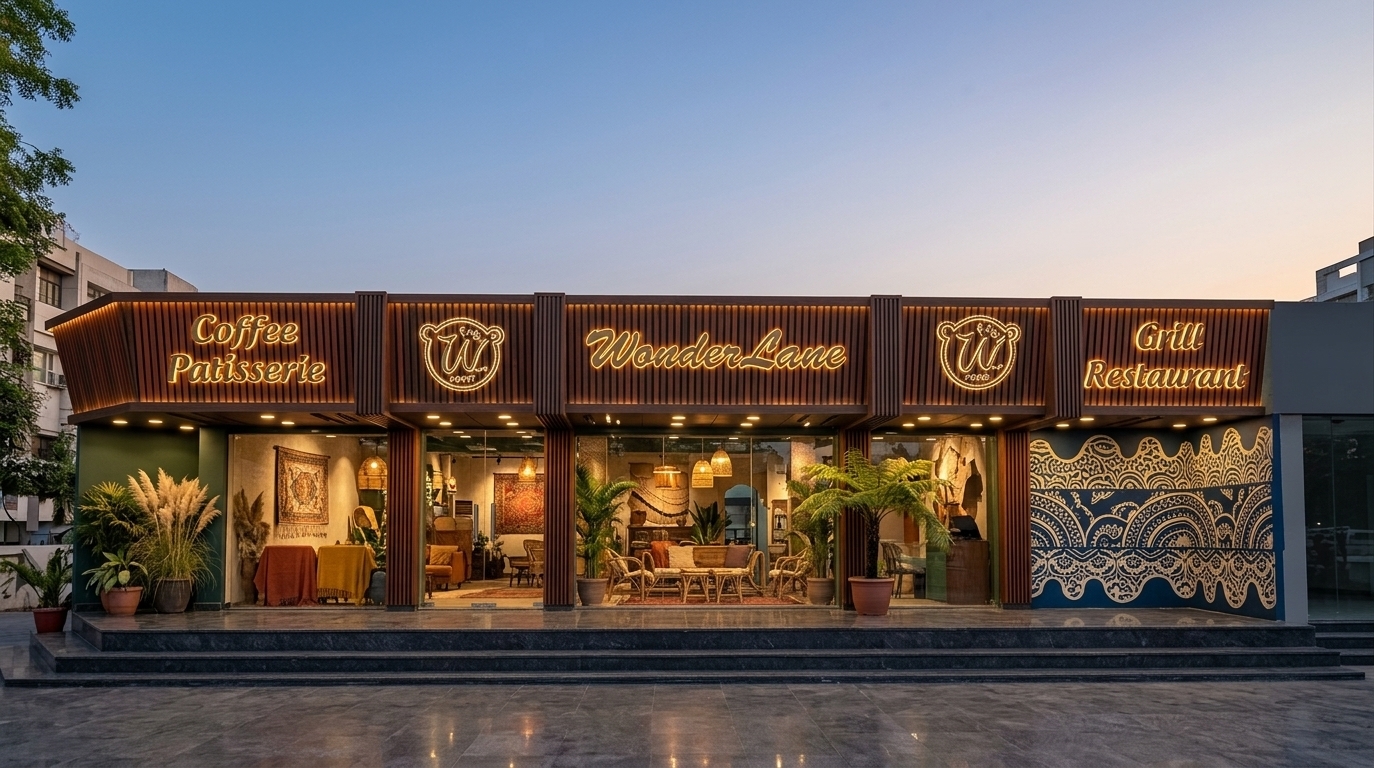 An incredibly lifelike, richly detailed, photorealistic wide-angle exterior architectural photo of a multi-concept restaurant facade named WonderLane set in an inviting urban plaza setting. The scene is illuminated by warm twilight ambient light paired with glowing recessed ceiling downlights and softly backlit channel signage, creating a free-spirited, welcoming atmosphere. Captured with a 35mm tilt-shift lens on a full-frame camera, emphasizing the natural wood grain of vertical slatted timber panels, polished dark stone steps, and crisp glass reflections. Designed as a bohemian oasis, the facade features deep rust and dark walnut slatted cladding hosting illuminated golden script for 'Coffee Pâtisserie' and 'Grill Restaurant', flanked by cream-colored vertical columns. Expansive floor-to-ceiling glass bays reveal glimpses of an eclectic interior palette filled with tapestry wall art, warm rust, mustard yellow, and deep teal accents, layered rugs, and handcrafted rattan and macrame furnishings. Lush potted greenery and feathery pampas grass line the entrance, complementing the vibrant blue and white layered graphic art wall on the right bay to form a globally-inspired, texture-rich dining venue worthy of a high-end photography book.