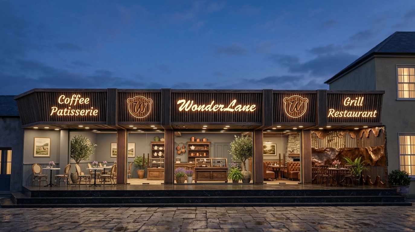 An incredibly lifelike, richly detailed, photorealistic wide architectural shot of a boutique commercial venue set in a charming village promenade. The scene is illuminated by warm, recessed soffit spotlights and the soft, cool glow of a dusk sky, creating a cozy, inviting, and romantic atmosphere. Captured with a full-frame camera equipped with a 35mm tilt-shift lens, emphasizing rich vertical dark wood slats, weathered timber fascia, and brilliant illuminated script signage. The sophisticated facade unites a "Coffee Patisserie" on the left and a "Grill Restaurant" on the right under the central banner of "WonderLane," highlighted by warm backlit emblem logos. Dark polished stone steps lead up to expansive glass storefronts that offer glimpses of a cottage-inspired interior rendered in shades of warm neutrals, slate blues, and soft yellows, complete with vintage upholstered seating, pastoral wall art, and lush indoor greenery that impart an unmistakable French country charm.