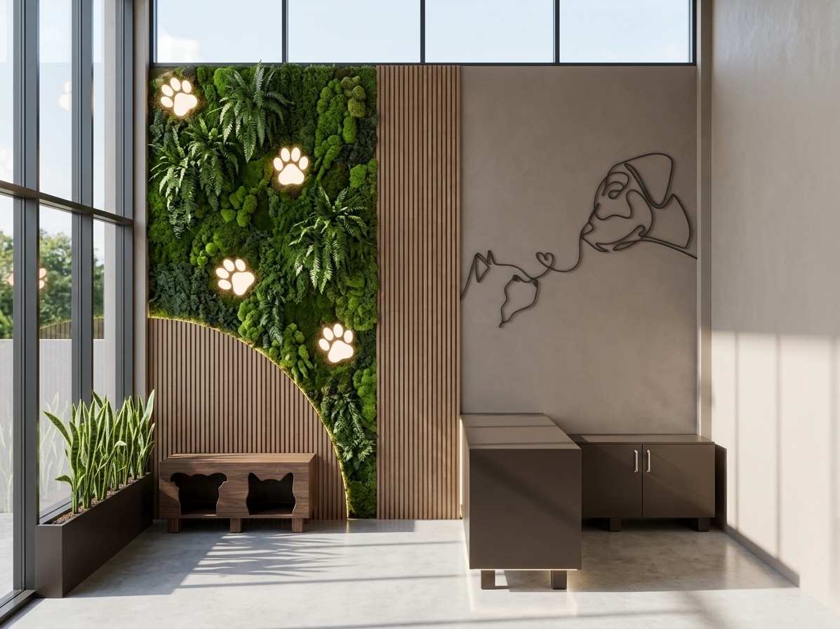 An incredibly lifelike, richly detailed, photorealistic wide interior shot of a minimalist veterinary clinic reception and photo area set in a modern boutique space framed by floor-to-ceiling glass windows. The scene is illuminated by bright natural sunlight filtering through high glass panes, casting soft geometric shadows across the polished floor and creating a tranquil, hotel lobby-like atmosphere. Captured with a professional 35mm lens with crisp depth of field, emphasizing the tactile textures of lush organic foliage, fine fluted wood paneling, and smooth matte plaster surfaces. 

The focal feature wall seamlessly combines an eye-catching vertical living wall equipped with softly backlit paw-shaped light accents, gracefully curving down into warm fluted wooden slats. Next to it, a subtle taupe backdrop displays an elegant continuous line-art graphic of a cat and dog. Beneath the foliage, a custom dark wood pet bench features playful cutouts, while a sleek espresso-finished reception desk and matching low cabinet define the welcoming layout. A trough planter with vibrant green sansevieria plants grounds the window perimeter, completing this sophisticated, minimalist haven for pets and owners alike.