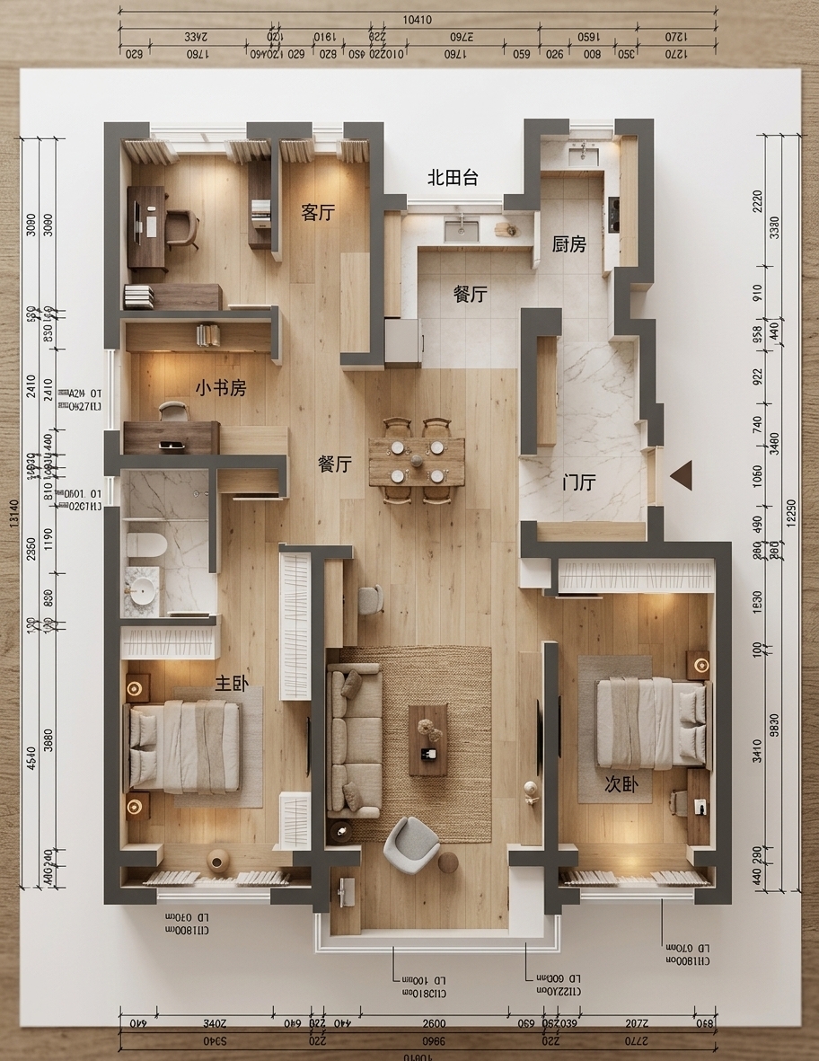 An incredibly lifelike, richly detailed, photorealistic top-down architectural floorplan photograph of a stylish apartment layout set in a contemporary residential home. The scene is illuminated by soft, warm natural light streaming through large windows alongside subtle interior ambient lighting, creating an inviting, serene, and sophisticated atmosphere. Captured with a high-resolution tilt-shift lens from a clean bird's-eye vantage point, emphasizing light natural oak hardwood floors, cozy neutral upholstery, tailored built-in cabinetry, and understated French country charm with rustic wooden dining furniture and refined molding details. The living room serves as the spacious central anchor, smoothly connecting to the open dining zone, sleek kitchen, peaceful master suite, and cozy study nook in a balanced, elegant American minimalist style.