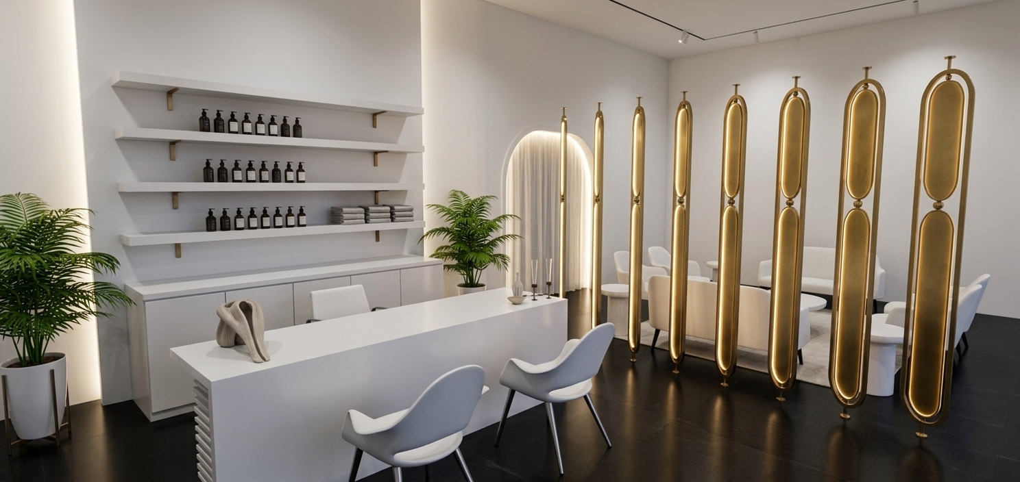 An incredibly lifelike, richly detailed, photorealistic wide-angle interior photograph of a modern fusion luxury onsen spa reception and lounge set in a sleek, urban wellness sanctuary. The scene is illuminated by soft, ethereal light streaming from a large arched back-lit doorway and glowing floor-to-ceiling brass partition pillars, creating a tranquil, sophisticated, and dynamic atmosphere. Captured with a professional 24mm architectural lens, emphasizing the contrast between polished matte black floors, pristine white walls, and shimmering metallic textures. The open-concept, geometric layout features a clean, modular white reception desk accompanied by contemporary chairs, sitting beneath floating shelves organized with luxury skincare bottles and stacked towels. Separating the reception from a minimalist lounge area with modern white seating is a bold series of tall, pill-shaped brass light partitions that add an industrial-inspired elegancy. Vibrant, lush greenery in sleek white planters breathes life into the monochrome black and white color palette, perfectly complementing the smooth surfaces, subtle dark abstract decor, artful photography books, and minimal yet impactful architectural details throughout the space.