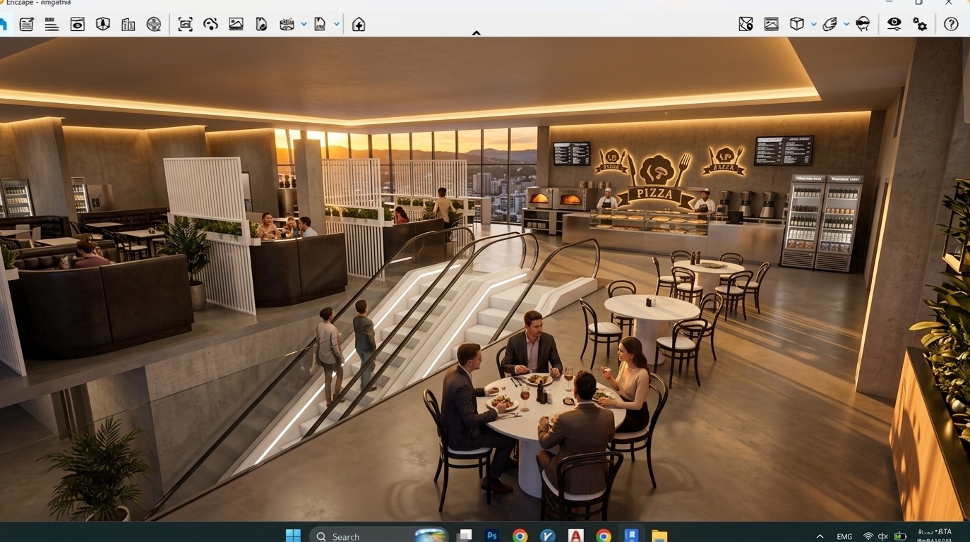 An incredibly lifelike, richly detailed, photorealistic elevated wide-angle interior photograph of a multi-level food court and artisanal coffee shop set in a high-end contemporary shopping mall. The scene is illuminated by warm, golden sunset light streaming through expansive floor-to-ceiling panoramic windows in the background, creating a cozy, sophisticated, and inviting atmosphere. Captured with a full-frame architectural camera using a 24mm tilt-shift lens, emphasizing the rich contrast between sleek white slatted privacy dividers, smooth micro-cement flooring, and dark leather booth upholstery, the design seamlessly blends modern aesthetics with functional luxury dining. In the foreground, round dining tables paired with elegant black-and-white bistro chairs host well-dressed patrons enjoying warm beverages and conversation, while real human entourage is thoughtfully placed throughout—shoppers ascending the sleek white central escalators, visitors relaxing in custom curved booths adorned with lush potted plants, and customers waiting by the polished stainless-steel pizza counter and espresso station. Ambient ceiling cove lighting gently complements the dramatic golden-hour sky, casting soft shadows and authentic reflections that bring a high-end sense of contemporary elegance and life to this dynamic urban dining destination.