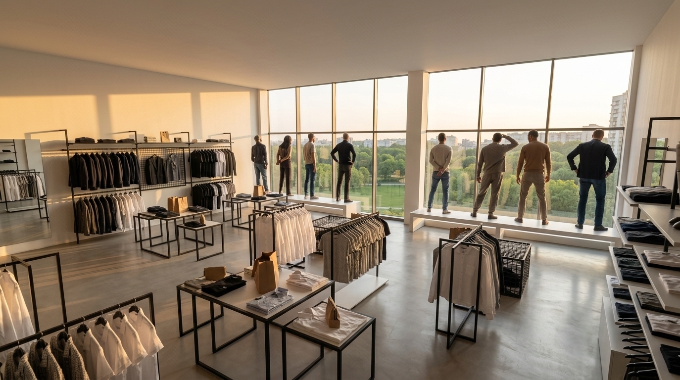 An incredibly lifelike, richly detailed, photorealistic wide-angle interior architectural photo of a sleek minimalist clothing boutique set in a contemporary urban pavilion. The scene is illuminated by the warm, golden hues of a serene sunset streaming through expansive floor-to-ceiling glass walls, creating a tranquil yet sophisticated atmosphere. Captured with a 24mm tilt-shift lens on a professional camera, emphasizing matte black steel display fixtures, crisp fabric textures, polished micro-cement flooring, and subtle warm reflections throughout the room. Matte-black geometric clothing racks and wall-mounted regals are completely filled with meticulously arranged designer apparel, ranging from crisp white linen shirts and soft knitwear to tailored dark coats and curated accessories resting on display tables beside minimalist kraft bags. Stylish real shoppers gracefully wander through the airy space, browsing the racks, while lifelike fashion models in elegant contemporary streetwear pose naturally along the elevated white window platforms, framed against a sweeping panoramic vista of lush green lawns and distant architectural silhouettes glowing under the soft sunset sky.