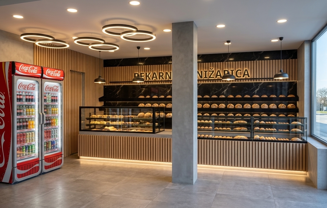 An incredibly lifelike, richly detailed, photorealistic eye-level interior photograph of a sleek, contemporary artisanal bakery and coffee counter set in an elegant modern retail space. The scene is illuminated by a harmonious blend of warm recessed spotlights, glowing ambient LED halo rings floating below the ceiling, and crisp under-counter LED strip lighting, creating a warm, sophisticated, and inviting atmosphere. Captured with a 35mm architectural wide-angle lens with crystal-clear depth of field, emphasizing the tactile vertical wood slats, polished black marble backdrops, smooth micro-cement structural columns, and delicate golden pastries showcased behind clean glass displays.

To the left, vibrant, illuminated glass-door beverage fridges sit nestled beside a seamlessly integrated light-wood slat wall. The main service counter features a matching vertical timber apron resting on a floating base of soft LED glow, supporting pristine glass showcases filled with freshly baked bread, pastries, and delicate confections. Behind the counter, a dramatic feature wall crafted from rich, veined black marble is adorned with illuminated 3D lettering reading "PEKARNA NIŽAPICA" alongside matte black multi-tiered shelving displaying neatly organized loaves. Matte black minimalist pendant lights dangle softly over the workspace, while large floor-to-ceiling perimeter windows frame a bright, calm exterior sky, bathing the matte grey stone flooring in natural daylight.
