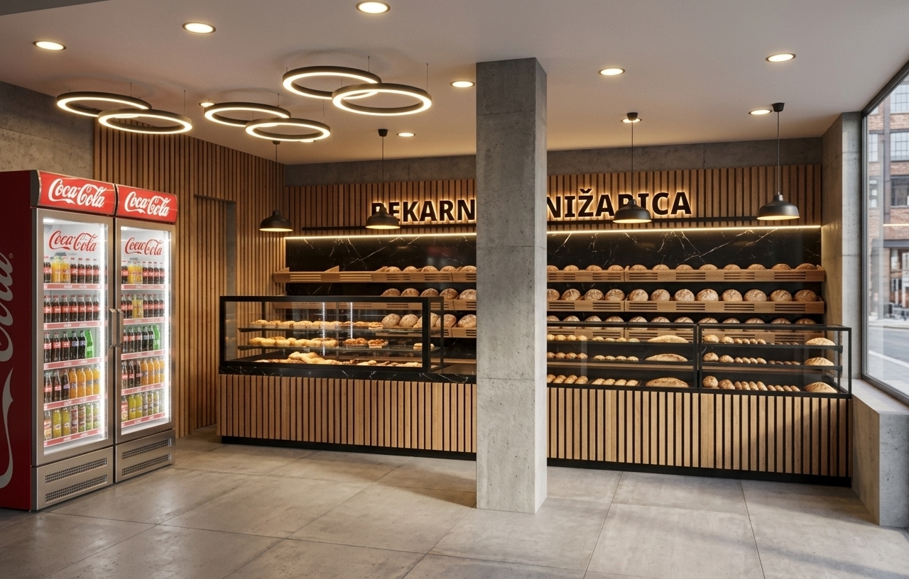 An incredibly lifelike, richly detailed, photorealistic eye-level interior photo of a contemporary artisan bakery restaurant set in an urban industrial loft environment. The scene is illuminated by glowing halo ring pendant lights, warm recessed ceiling spotlights, and crisp under-counter LED strip lighting, creating a warm, inviting, and elevated commercial atmosphere. Captured with a professional architectural wide-angle lens, emphasizing the contrast of raw concrete, warm timber slats, and sleek black marble textures. 

The spacious layout features matte concrete flooring and a central structural concrete pillar that grounds the room. Vertical wood slat paneling wraps the back wall and counter bases, adding rich organic texture beneath backlit black marble splashbacks featuring white veining. Polished black lettering spelling "PEKARNA NIŽAPICA" glows warmly beneath an integrated LED strip. Glass display cases with sleek black framing showcase arrays of freshly baked bread and pastries, anchored by industrial matte-black dome pendant lights overhead. To the left, dual branded Coca-Cola commercial refrigeration units provide vivid red visual accents, while expansive floor-to-ceiling glass paneling on the right connects the refined, warehouse-inspired interior with natural external daylight.