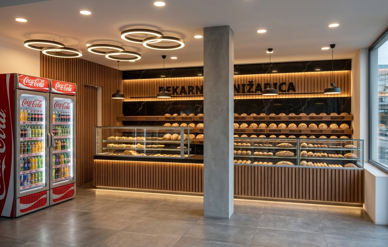 An incredibly lifelike, richly detailed, photorealistic eye-level wide-angle interior photo of a sleek, modern bakery boutique set in a contemporary commercial pavilion. The scene is illuminated by warm recessed ceiling downlights, floating circular halo LED pendants, subtle under-counter strip lighting, and soft shelf backlighting, creating an inviting, sophisticated, and serene atmosphere. Captured with a professional 35mm lens, emphasizing the rich vertical wood slat paneling, polished black veined marble accents, crisp glass display cases, and smooth concrete architectural surfaces. 

In this minimalist yet functional space, clean geometric lines dominate the composition. A solid matte concrete pillar anchors the layout, separating streamlined glass counter cases that showcase meticulously arranged golden loaves of artisanal bread and delicate pastries. The rear feature wall combines vertical warm timber slats with a dark marble fascia, highlighted by glowing warm backlighting behind the crisp black floating signage. To the left, vibrant, fully stocked beverage refrigerators provide a colorful burst against the neutral palette, while expansive floor-to-ceiling glass windows on the right allow natural daylight to blend seamlessly with the warm indoor ambiance, reflecting softly off the matte gray tiled flooring.