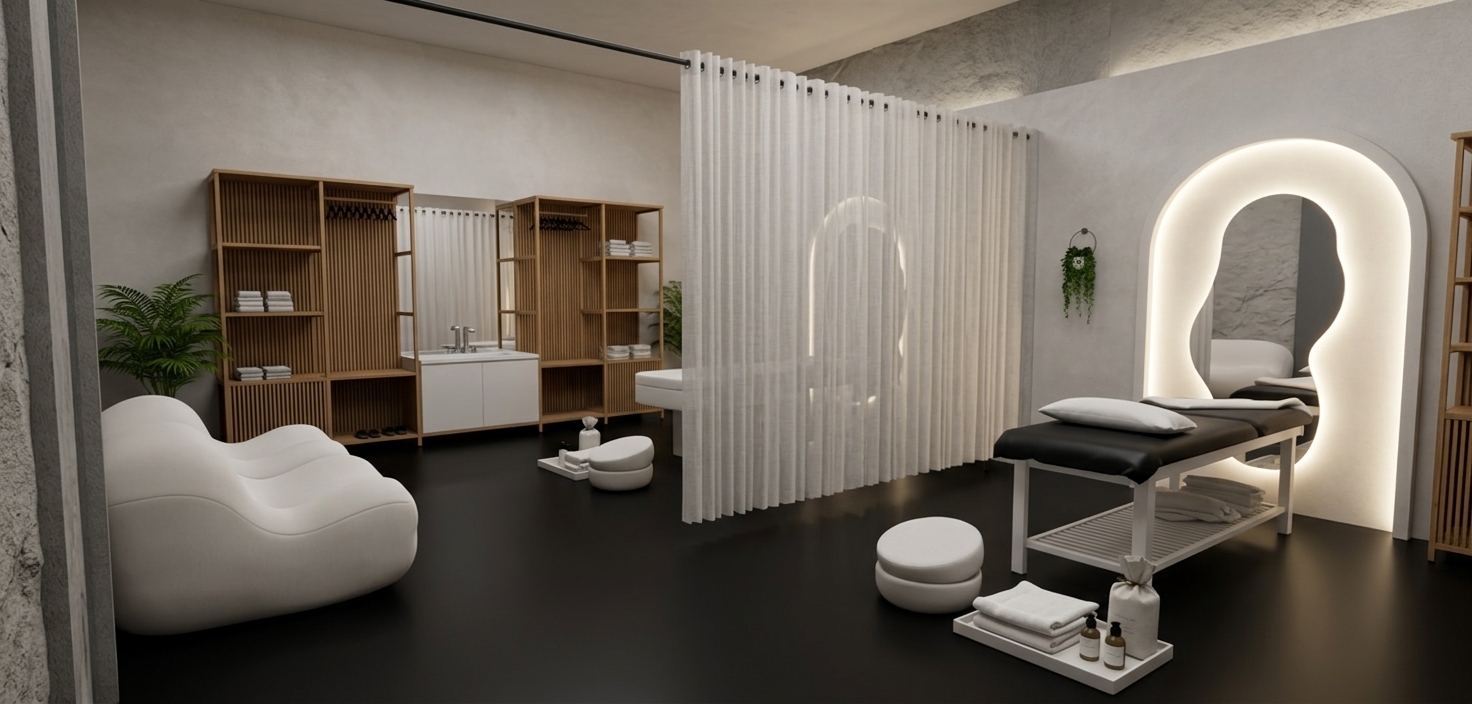 An incredibly lifelike, richly detailed, photorealistic wide-angle interior photo of a luxury spa treatment sanctuary set in a serene minimalist haven onsen. The scene is illuminated by soft, diffused ambient lighting alongside brilliant backlighting from a glowing arched alcove, creating a tranquil, Zen-inspired atmosphere. Captured with a 24mm architectural lens, emphasizing the high-contrast monochromatic palette, tactile plaster walls, and sleek, streamlined surfaces, the space features a polished matte black floor that grounds the monochromatic design. To the left, a sculptural, cloud-like white sofa rests near slatted wooden storage cabinets, a sleek vanity sink, and a vibrant indoor plant. A translucent, floor-to-ceiling white partition curtain softly bisects the room, offering semi-private zoning without disrupting the open layout. On the right, a modern treatment table upholstered in smooth black leather with a pristine white frame is accompanied by stacked ceramic foot-soaking basins, neatly folded plush towels, and refined spa product bottles on low clutter-free trays. In the background, an illuminated arched niche frames a striking fluid, organically shaped mirror, completing an elegant, uncluttered environment defined by simple, functional luxury in shades of pure white, slate gray, and deep black.