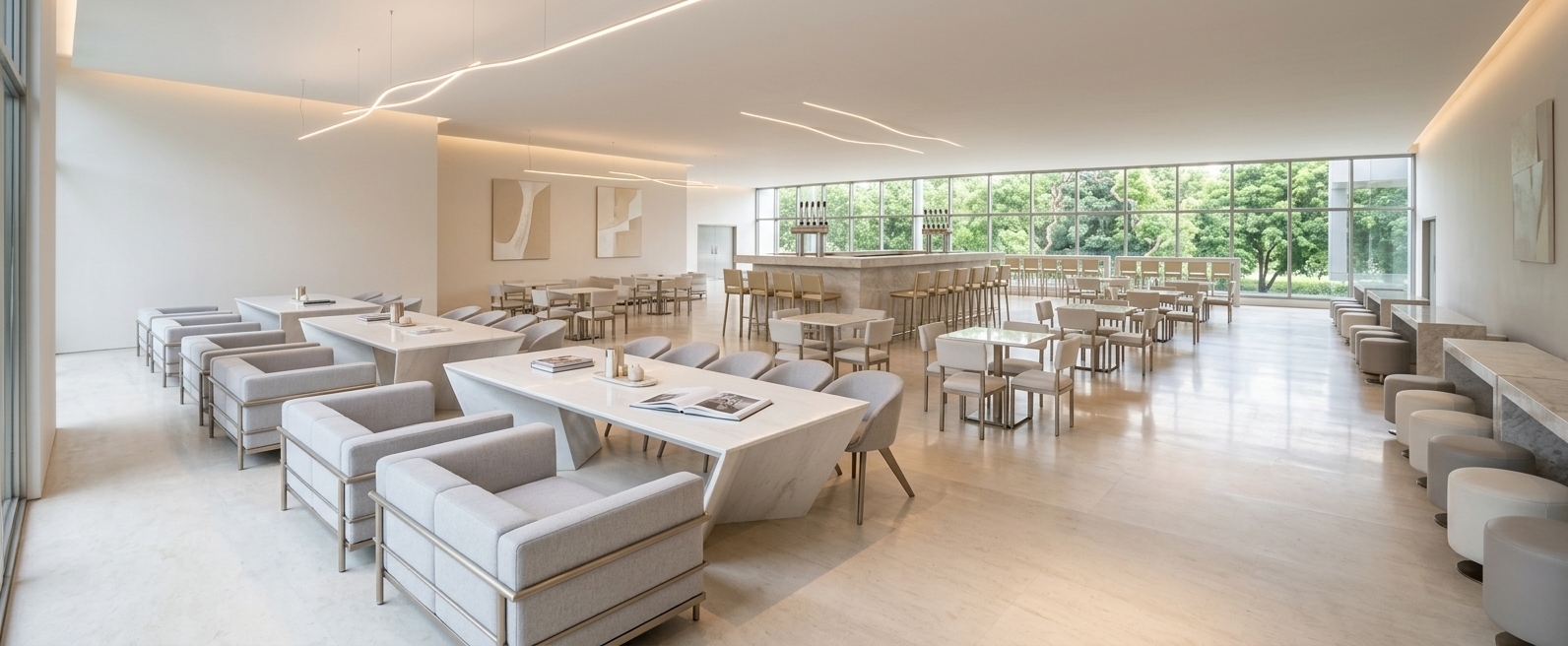 An incredibly lifelike, richly detailed, photorealistic wide-angle interior photo of a luxury contemporary coffee shop set in a high-end urban venue. The scene is illuminated by brilliant natural daylight streaming through expansive floor-to-ceiling glass windows, creating an airy, light-filled, and serene atmosphere. Captured with a high-resolution camera and a 24mm tilt-shift lens, emphasizing the smooth textures of polished stone surfaces, tailored upholstered furniture, and slim metal accents in brushed champagne and steel. The sophisticated space features a harmonious, refined palette of warm white, pearl, champagne, and soft gray tones, where low plush armchairs flank clean-lined lounge tables in the foreground, leading towards a long communal table crafted from polished stone and subtly decorated with an open photography book and curated decor. In the mid-ground, balanced dining sets with understated styling lead toward a central island bar fitted with modern chrome taps and tall bar stools, while a long row of round upholstered ottomans lines the polished stone ledge along the right wall. Minimalist abstract wall art graces the vast, smooth wall on the left, complemented by subtle sculptural lighting fixtures that cast a soft glow across the immaculate floor, framing a clear view through the glass wall to lush green trees bathed in soft afternoon light outside.