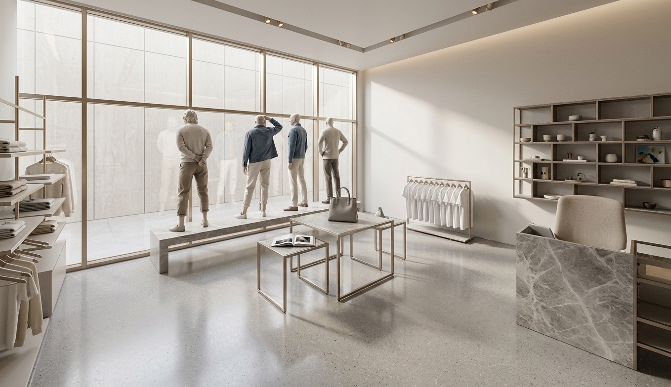 An incredibly lifelike, richly detailed, photorealistic wide-angle interior photograph of an exclusive fashion boutique set in a contemporary luxury retail space. The scene is illuminated by soft, natural daylight streaming through expansive floor-to-ceiling glass panels and complemented by warm recessed sculptural lighting, creating an airy, sophisticated atmosphere. Captured with a wide-angle lens, emphasizing the gleaming textures of polished stone surfaces, slim champagne-tinted metal accents, and exquisite tailored fabrics. To the left, minimalist shelving and sleek hanging racks present neatly arranged garments in subtle tones. In the center, four stylized mannequins clad in refined casual attire stand atop a low bench facing the window, while minimalist nesting tables in brushed metal display a structured leather handbag and an open photography book showcasing abstract wall art. On the right, a polished cash wrap counter in soft gray marble is paired with tailored upholstered seating and background shelving filled with curated decor, all harmonizing within a serene palette of warm white, pearl, champagne, and gentle gray.