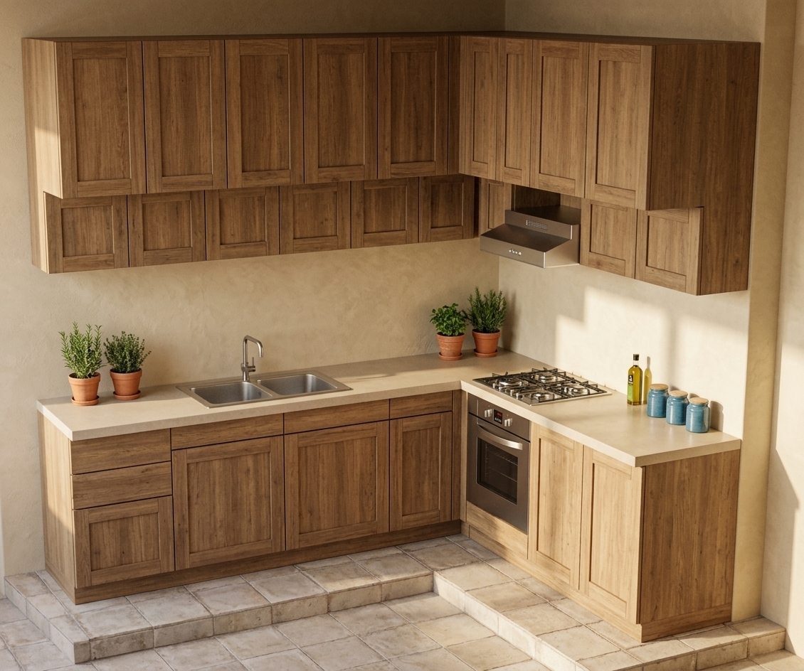 An incredibly lifelike, richly detailed, photorealistic eye-level interior photo of a cozy L-shaped kitchen set in a serene Mediterranean retreat. The scene is illuminated by brilliant midday summer sunlight, creating a relaxed, sun-drenched, and warmly inviting atmosphere. Captured with a 35mm prime lens, emphasizing the rich textures of aged wood grain, hand-applied lime-washed plaster walls, and earthy tile finishes. The warm timber cabinetry displays a natural matte finish, harmonizing effortlessly with a smooth, light beige composite countertop. Integrated seamlessly into the layout are a sleek gas cooktop, modern built-in oven, stainless steel range hood, and a double-basin undermount sink with a refined brushed metal faucet. Beneath, weathered light-toned tiles with subtle tonal variations ground the space, while potted Mediterranean herbs and subtle accents in terracotta and ocean blue bring a touch of coastal charm to this tranquil culinary sanctuary.