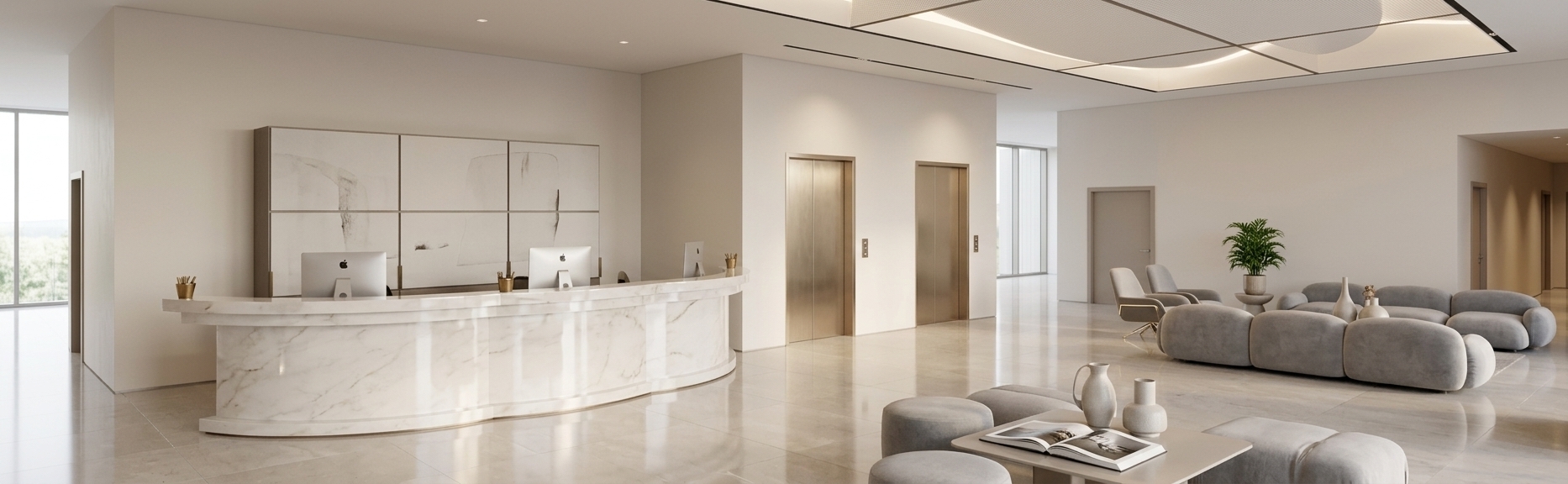 An incredibly lifelike, richly detailed, photorealistic wide-angle interior photo of an expansive hotel lobby set in a modern, luxury building environment. The scene is illuminated by soft daylight filtered through unseen panoramic windows and hidden sculptural lighting fixtures, creating a sophisticated, light-filled, and airy atmosphere. Captured with a full-frame camera and a 24mm tilt-shift lens, emphasizing the gleaming polished stone surfaces, tailored upholstered furniture, and refined architectural lines. On the left, a sweeping, curved reception desk crafted from polished pearl marble anchors the space, fitted with minimalist desktop computers and curated desk accessories, set against a large paneled wall displaying subtle abstract wall art. In the center, two brushed champagne metal elevator doors reflect the understated ambient glow of the corridor. To the right, an inviting lounge area features a cloud-like, low-profile modular sofa in soft gray fabric, accompanied by two sleek armchairs with slim metal accents, a low table displaying an open photography book alongside decorative ceramic vases, and a lush green potted plant that adds a touch of natural vitality to the refined, clean-lined interior finished in harmonious shades of warm white, pearl, champagne, and soft gray.