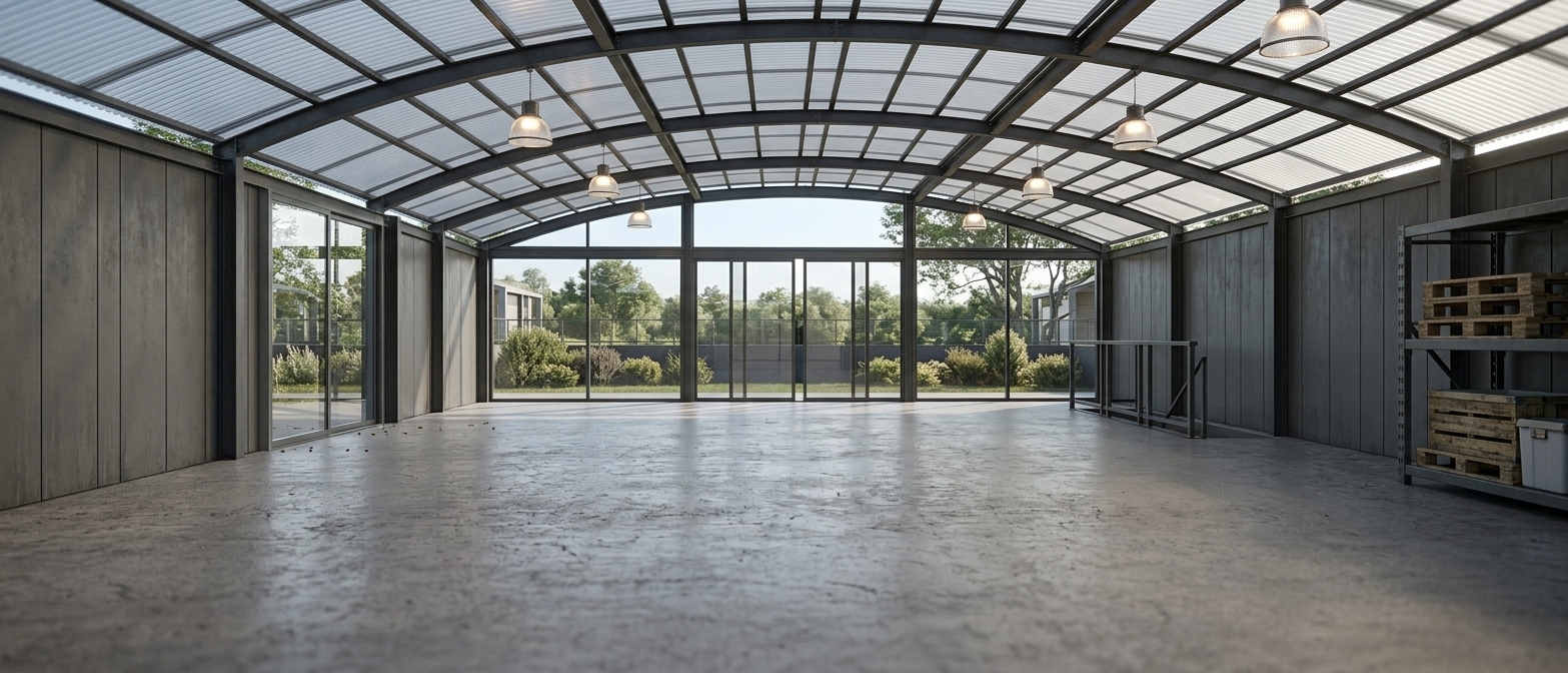 A photorealistic wide-angle eye-level photograph of the spacious covered pavilion during a serene summer sunrise. Low-angled golden morning light pierces through the translucent roof panels and far glass windows, filling the space with a warm, hazy atmosphere and casting long, subtle shadows across the smooth, micro-textured concrete floor. The dark painted steel frame, roof trusses, and side cladding exhibit realistic matte finishes, subtle edge specularities, and fine surface wear. Suspended ceiling lights emit a gentle warm tungsten glow, contrasting softly with the cool ambient early morning sky visible above. Diffuse daylight filtering through the canopy reveals floating dust particles in the air and soft light rays across the floor. Shot on a full-frame camera with a sharp wide-angle lens, the image features rich dynamic range, natural color warmth, subtle lens flare, realistic glass reflections with minor smudges, and faint edge vignetting while strictly maintaining the original perspective, geometry, and composition.