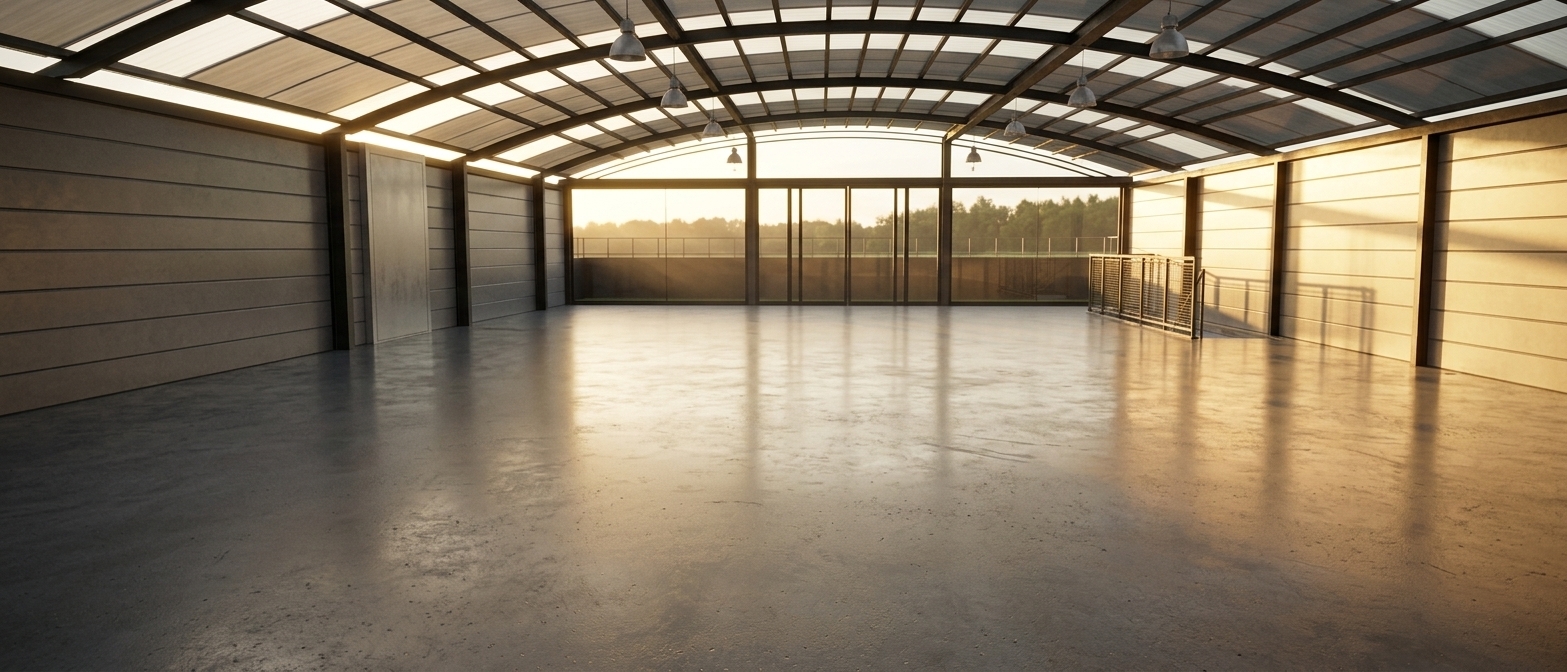 A wide-angle interior photograph of the spacious industrial pavilion captured during a calm summer sunrise, preserving the exact camera angle, perspective, composition, and structural geometry of the input scene. Warm, low-angled golden sunlight streams through the far glass wall and translucent arched roof panels, casting long, gentle shadows and filling the interior with rich golden hour light and soft volumetric rays. The expansive poured-concrete floor features a realistic semi-gloss finish reflecting the warm morning sky, complete with subtle aggregate micro-textures, faint hairline scuffs, and natural surface variations. The dark steel structural trusses and roof support beams display authentic matte metal finishes with subtle micro-dust and clean edge highlights. Hanging industrial pendant lights suspend gracefully along the curved ceiling. The horizontal metal side panels show realistic seam detail and subtle texture. Natural photographic elements, including fine sensor grain in shadow areas, faint optical vignetting along the outer edges, and subtle refraction through the glass panels, complete the photorealistic finish.