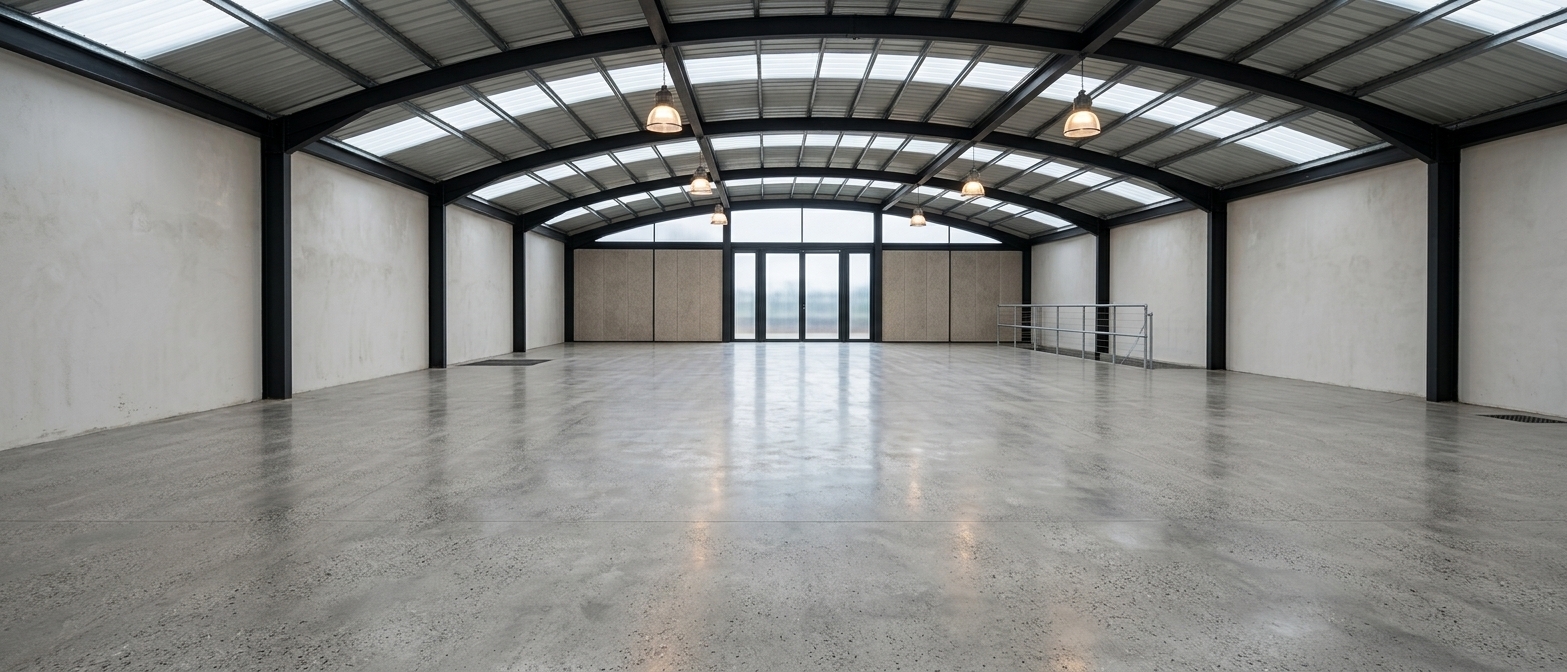 A wide-angle interior photograph of a vast, modern open hall, preserving the precise perspective, geometry, and camera framing of the reference image. The space features smooth matte white side walls and a smooth poured concrete floor that exhibits subtle surface micro-scratches, faint sheen reflections, and soft tonal variations. Overhead, a matte black painted steel structural framework forms arched ceiling trusses supporting a mixed roofing system of opaque thermoacoustic tiles and frosted translucent daylighting panels, which diffuse bright, natural daylight throughout the interior. Matte white high-bay bell pendant lights hang evenly from the trusses, casting a gentle warm glow that subtly complements the cool daylight. Along the right section stands a matte black metal guardrail featuring fine mesh paneling. At the far end, a sleek aluminum-framed glass wall with raw clear glass reveals an exterior terrace covered in vibrant green synthetic turf under bright natural illumination. Captured with a 24mm architectural wide-angle lens at f/8, featuring crisp edge-to-edge sharpness, natural exposure balancing ambient skylight and shadows, faint chromatic aberration, and subtle lens vignetting around the outer corners.