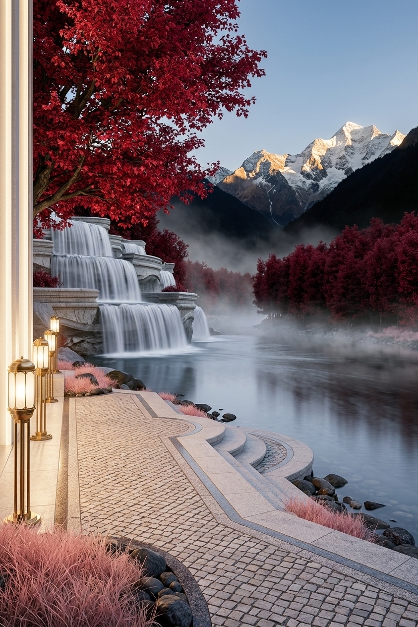 An incredibly lifelike, richly detailed, photorealistic wide-angle landscape photo of an opulent outdoor patio terrace set in a breathtaking alpine river environment. The scene is illuminated by the golden light of dusk striking the distant snow-capped peaks and the warm, inviting glow from sleek, brass Art Deco lamps positioned along the pathway, creating a glamorous, serene atmosphere. Captured with a full-frame camera and a 24mm tilt-shift lens, emphasizing the intricate textures of the cobblestone paving, the smooth motion of terraced waterfalls, and the vibrant crimson foliage.

In the foreground, a beautifully crafted stone patio featuring geometric Art Deco cobblestone patterns and polished granite borders hugs the edge of a mist-shrouded river. Elegant, vintage-inspired Art Deco floor lamps with frosted glass and polished brass details line the walkway, casting a soft ambient light onto soft pink grass and dark river stones. To the left, beneath a sprawling canopy of brilliant ruby-red leaves, a majestic multi-tiered terraced waterfall cascades gracefully over sculpted stone ledges, sending a silky veil of white water into the calm, glassy river below. In the background, gentle mist drifts across the water toward a dense forest of deep red trees, framed by dramatic, sun-kissed snow-dusted mountains rising into a clear, fading blue sky.