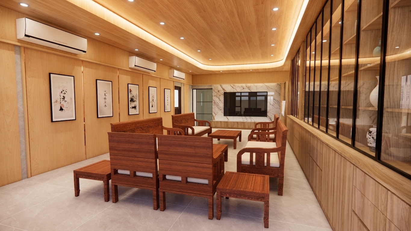 An architectural interior photograph of a traditional lounge room shot with a 24mm wide-angle lens at eye level, faithfully retaining the exact geometry, camera angle, and composition of the scene. Bright midday summer light subtly washes through the space, mixing naturally with the warm 3000K illumination from the recessed ceiling spotlights and continuous LED cove lighting. The deep reddish-brown wooden chairs and tables feature authentic wood grain textures, subtle satin polish reflections, and faint surface micro-scratches. The light oak wall paneling and slatted ceiling display natural grain variation, while the framed traditional calligraphy art on the left shows rich paper texture behind light-reflecting glass. The light grey marble floor tiles reflect soft, ambient highlights and ground the furniture with realistic, soft-edged contact shadows. Glass display cabinets on the right show clear, believable reflections with trace smudges, and the white marble TV wall retains crisp grey veining under soft ambient light. The image features gentle edge vignetting, natural light falloff, and ultra-fine film grain to establish an authentic photographic feel.