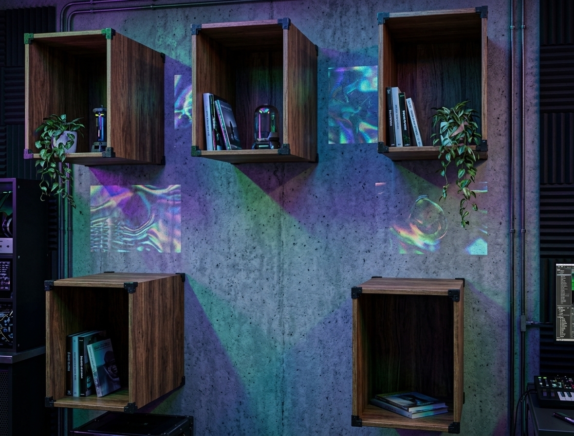 An incredibly lifelike, richly detailed, photorealistic medium-close shot of a cyber-eclectic study room wall set in a moody high-tech urban loft. The scene is illuminated by vibrant neon ambient lighting in glowing hues of electric blue, purple, and green contrasted by deep shadows, creating a futuristic, atmospheric mood. Captured with a 35mm prime lens, emphasizing the rich walnut wood textures, polished metal brackets, and weathered concrete surfaces, the focal point features five floating wooden box shelves mounted across a mottled, raw-concrete feature wall. Each cubby, reinforced with sleek black industrial corner brackets, displays curated cyberpunk-inspired decor, glossy photography books, and trailing indoor plants. Surrounding holographic wall art glimmers with iridescent reflections, casting an ethereal glow over the mixed-media surfaces and blending raw industrial textures with vibrant, tech-inspired sophistication.