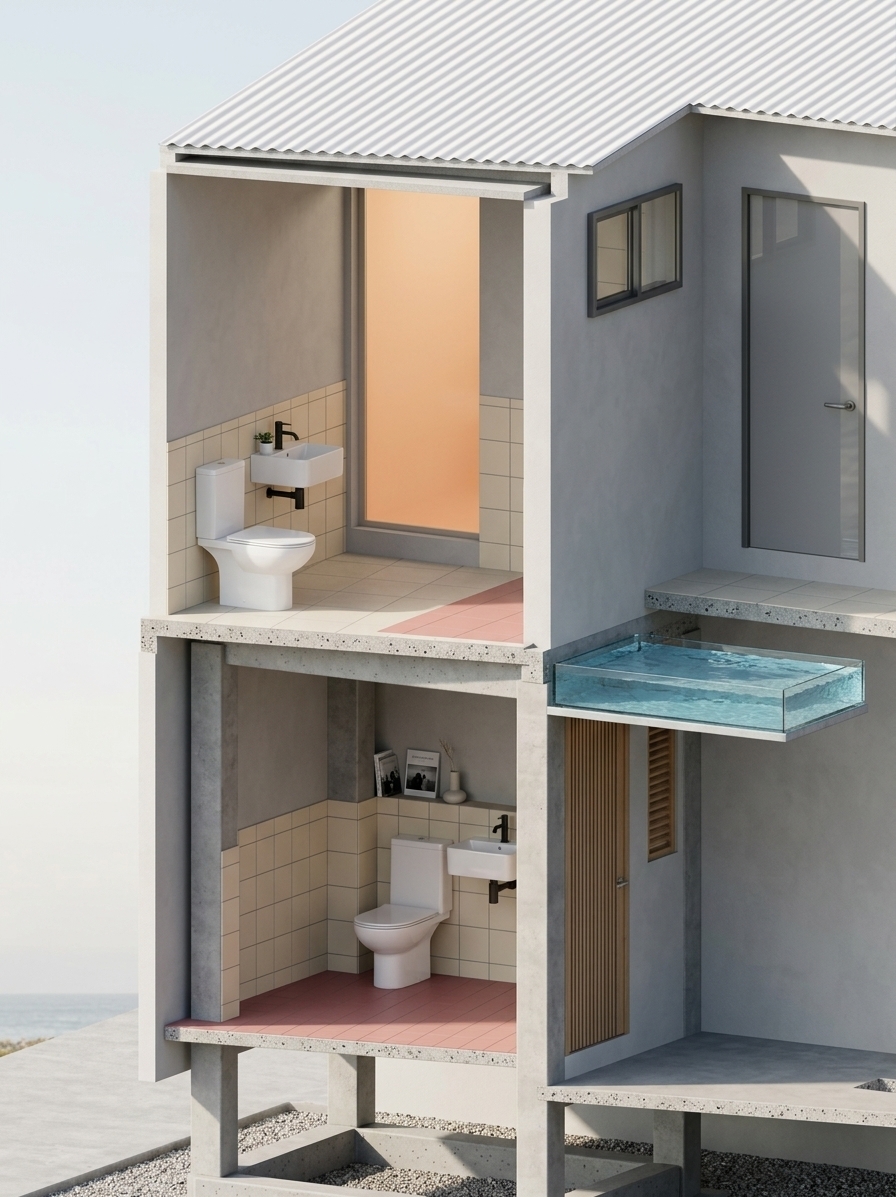 An incredibly lifelike, richly detailed, photorealistic architectural cutaway view photo of a multi-level minimalist hotel bathroom design set in a serene, contemporary coastal sanctuary. The scene is illuminated by soft, ambient daylight filtering gently through high clerestory windows, creating a tranquil, zen-inspired atmosphere. Captured with a 35mm architectural lens, emphasizing polished concrete support pillars, seamless matte ceramic wall tiles, and smooth metallic hardware. Inside each uncluttered, functional space, floating white porcelain sinks with streamlined black matte faucets sit beside modern wall-hung toilets set atop subtle dusty pastel red tiled flooring. Sleek wooden floating shelving holds a neatly placed photography book, minimal decor, and a small potted indoor plant, while framed abstract wall art brings a touch of quiet elegance to the serene, monochromatic white and gray plaster walls.