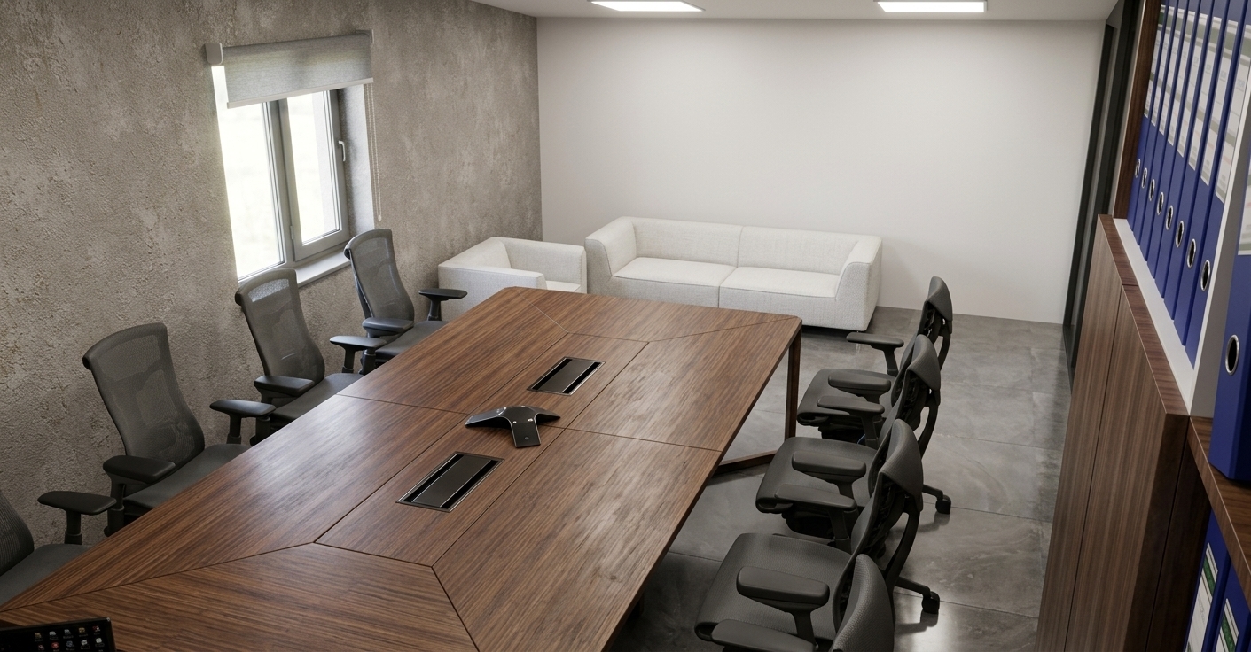 Architectural interior photograph of a modern executive conference room, captured from a high-angle perspective with a professional wide-angle tilt-shift lens. The scene is dominated by a long, multi-faceted conference table crafted from rich warm walnut wood veneer with authentic continuous wood grain patterns, subtle satin sheen reflections, recessed black cable management trays, and a sleek black conference speakerphone resting at its center. Flanking the table on both sides are ergonomic office chairs with detailed dark gray breathable mesh fabric backrests, dark graphite metallic frames, and soft matte black armrests with subtle micro-textures. To the left, a textured warm grey-beige plaster wall features a window with a drawn translucent roller shade, diffusing bright natural daylight into the space. The background consists of a clean white wall framing a minimalist white upholstered sofa and matching armchair. On the far right foreground, a tall warm wood shelving unit is neatly stacked with deep blue lever-arch binders featuring realistic paper textures and metallic finger rings. The floor is composed of large-format light grey matte porcelain tiles with fine grout lines and soft ambient reflections. The space is illuminated by a realistic mix of soft natural light and diffused overhead ambient lighting, producing soft-edged shadows, natural material physics, fine dust specks in the light, faint micro-scratches on polished surfaces, and a subtle photographic depth with mild lens vignetting.