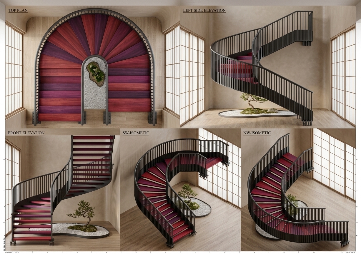 An incredibly lifelike, richly detailed, photorealistic wide-angle interior shot of a modern helical staircase set in a serene Japanese Zen living room. The scene is illuminated by soft, natural morning light filtering through full-height shoji-style glass partitions, creating a tranquil, harmonious atmosphere. Captured with a professional 35mm architectural lens, emphasizing the sleek matte charcoal finish of the vertical steel balustrades and the rich, polished crimson and deep purple hues of the stair treads. The sculptural staircase curves gracefully above polished light oak flooring and smooth, warm microcement walls, while a minimalist indoor rock garden featuring fine white gravel and a delicate bonsai tree sits peacefully within its inner curve, perfectly blending industrial structure with organic, meditative warmth.