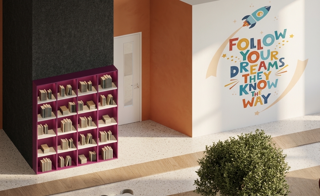 A photorealistic, high-angle architectural interior photograph of a modern elementary school space, preserving the exact layout, perspective, framing, and geometry of the original image. The walls are finished in a clean, smooth matte white paint, softly diffusing ambient light. On the right wall, the colorful graphic featuring a rocket ship and the words "FOLLOW YOUR DREAMS THEY KNOW THE WAY" is faithfully rendered with crisp matte paint and subtle wall texture beneath. The large bookshelf unit is crafted from a modern combination of light oak wood edging and matte white shelves, filled with realistic books with varied paper edges and colored cloth spines. The background door is a sleek white design with a frosted glass panel, and the floor is composed of smooth light-gray terrazzo tiles with delicate aggregate flecks and a gentle satin sheen. The leafy green tree in the foreground features natural leaf micro-textures and subtle subsurface lighting effects. The scene is illuminated by soft, natural ambient daylight and diffuse interior lighting, complete with realistic depth of field, gentle vignetting, fine film grain, and soft, natural shadows.
