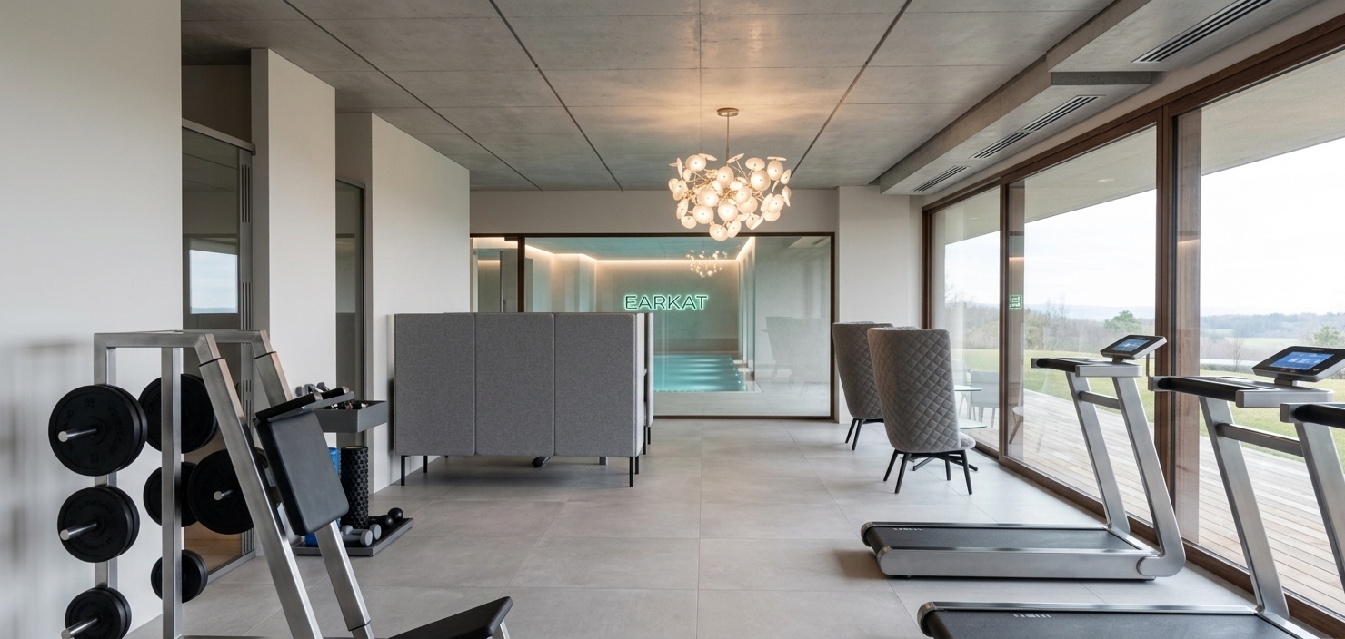 An incredibly lifelike, richly detailed, photorealistic wide-angle interior shot of a luxury minimalist fitness gym set in an exclusive high-end wellness resort. The scene is illuminated by soft, natural daylight streaming through expansive floor-to-ceiling glass walls alongside the warm, ambient glow of a contemporary suspended sculpture chandelier, creating a serene, refined, and invigorating atmosphere. Captured with a 24mm architectural tilt-shift lens, emphasizing smooth fair-faced concrete ceilings, large-format matte light-grey porcelain tile flooring, brushed chrome equipment frames, and warm natural wood window trims. 

In the foreground, high-end treadmills with crisp digital displays and a sleek weight training station featuring matte-black rubberized plates sit perfectly arranged along the window perimeter, offering sweeping exterior views. Towards the center, plush modern high-back lounge chairs with dark metallic swivel bases invite relaxation next to minimalist grey acoustic partition screens. Through the floor-to-ceiling glass doors in the background, a pristine indoor lap pool glimmers under soft architectural lighting, framed by subtle emerald neon branding that reflects softly across the tranquil water, fully embodying the spirit of a high-end, quiet sanctuary.