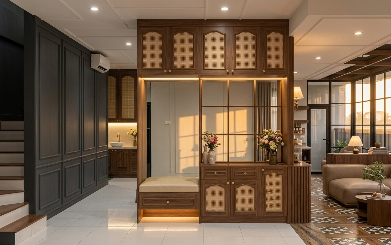 An incredibly lifelike, richly detailed, photorealistic wide-angle interior shot of an elegant Art Deco glamour foyer and adjacent living area set in a luxurious urban residence. The scene is illuminated by the warm, golden glow of a late afternoon sunset filtering through black grid glass frames, combined with soft LED strip backlighting beneath the upper cabinets, creating a cozy, opulent atmosphere. Captured with a professional 24mm architectural lens, emphasizing the tactile textures of natural woven rattan mesh, fine wood grains, and supple leather upholstery...

At the center stands a tailored walnut cabinetry unit featuring intricate arched doors with classic rattan weave inserts and subtle brass pulls. Integrated into the build is a comfortable entryway bench with a soft cream cushion, set against a sleek backdrop mirror that enhances depth and light. Pure white ceramic tile flooring reflects the soft ambient light, while a dark charcoal wall panel with classic molding adds refined contrast along the left corridor. To the right, the open transition into a semi-outdoor living lounge reveals a stunning floor composed of wood-grain granite seamlessly combined with vintage floral tegel tiles, where a plush, soft-textured leather sofa invites relaxation in a perfectly harmonized, glamorous interior setting.