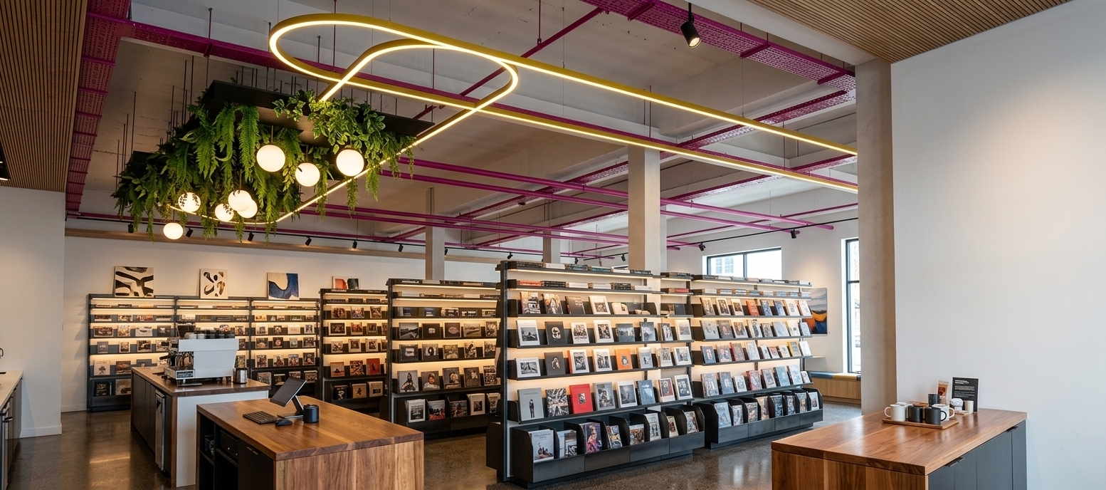 An incredibly lifelike, richly detailed, photorealistic interior photo of a modern fusion coffee shop and lifestyle bookstore set in a sleek urban commercial hub. The scene is illuminated by warm, diffused illumination from glowing white globe pendants nested within suspended greenery, contrasted by dynamic overhead track lighting, creating a dynamic, sleek, and inviting atmosphere. Captured with a 24mm wide-angle architectural lens, emphasizing the rich contrast between industrial matte ceiling structures, smooth white surfaces, metallic accents, and warm timber countertops. The dynamic, open-concept space features an exposed ceiling grid defined by bold, vibrant magenta conduits and an oval yellow light band that frames a suspended planter overflowing with lush, trailing greenery. Arranged across the smooth dark floor, clean geometric modular display shelves showcase curated photography books and abstract wall art, while polished modern service counters with natural wood tops anchor the foreground, perfectly balancing urban industrial sophistication with organic warmth.