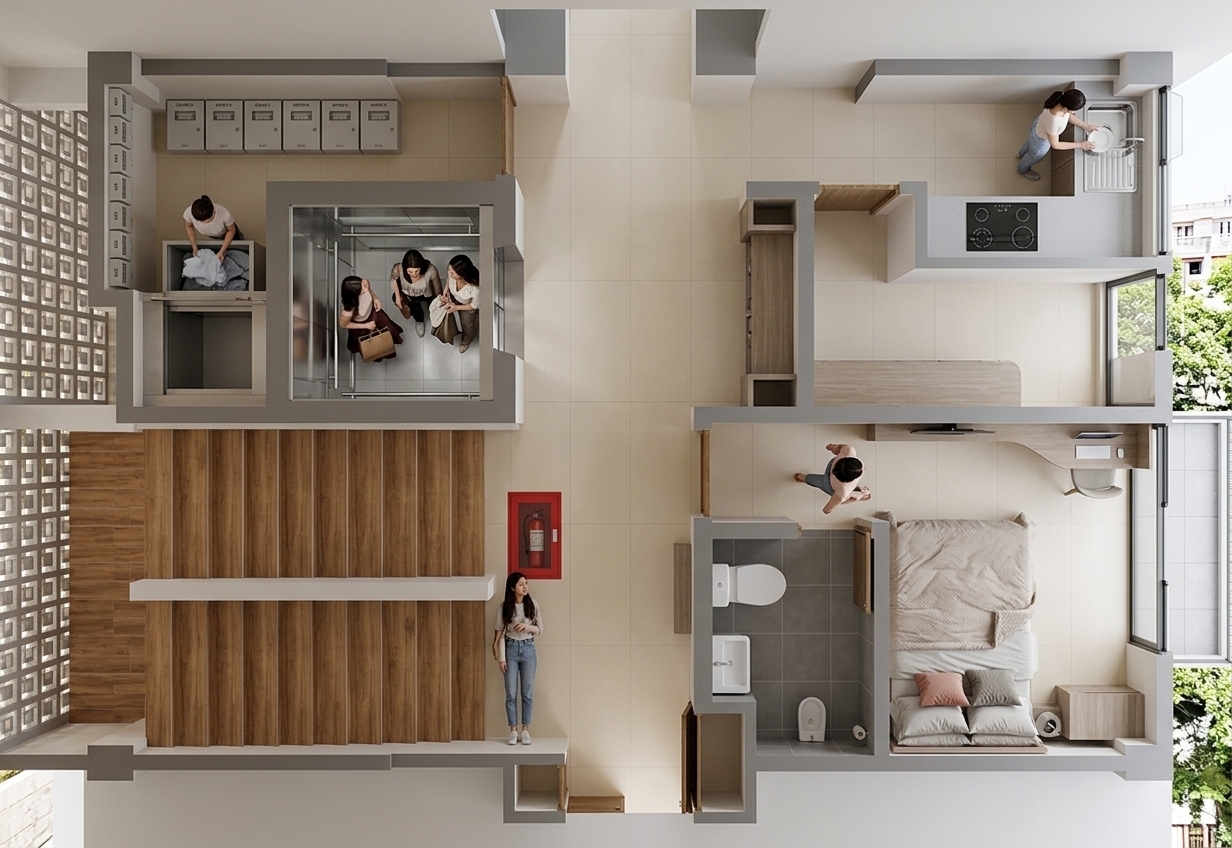 An incredibly lifelike, richly detailed, photorealistic high-angle architectural interior photograph of the second-floor layout of a contemporary boarding house set in a modern urban dwelling environment. The scene is illuminated by bright, clear midday spring light pouring in from balcony doors and decorative breeze blocks, creating a warm, airy, and elegant atmosphere. Captured with a sharp architectural lens, emphasizing the realistic contrast of floor textures, polished fixtures, and vibrant daily activities throughout the floor.

In the center, smooth 60x60 cm cream ceramic tiles cover the main hallway, elevator lobby, service corner, pantry, storage, and bedroom floor. Three young women are visible inside the sleek 6-person stainless steel elevator, while another woman stands in the lobby waiting outside; directly across from the lift door on the corridor wall sits a neat red fire extinguisher box. In the open pantry, a woman stands at the kitchen sink actively washing dishes beside a modern built-in cooktop. In the nearby service area, another woman bends down to load dirty clothes into a laundry lift, surrounded by a wall lined with neatly arrayed electric panel boxes for each room. 

To the left, the central staircase features warm wood-grain ceramic tile steps, bordered by side walls fitted with geometric roster blocks that allow natural spring breeze to circulate. Entering Room 208, a woman walks through the doorway toward a meticulously made 120x200 cm bed styled with soft pillows and a neatly folded duvet. Adjacent to the bed, a nightstand holding a small table lamp seamlessly merges into a built-in wooden wardrobe. A wall-mounted TV faces the bed, and on the study desk, an open laptop and a smartphone sit ready beside a modern desk chair. The en-suite bathroom shows matte 20x20 cm grey ceramic floor tiles, fitted with a seated toilet, a wall sink under a mirror, and a shiny chrome shower set. Sliding glass doors lead out from the bedroom onto a private balcony finished in clean 40x40 cm light grey ceramic tiles, completing this sophisticated contemporary space.