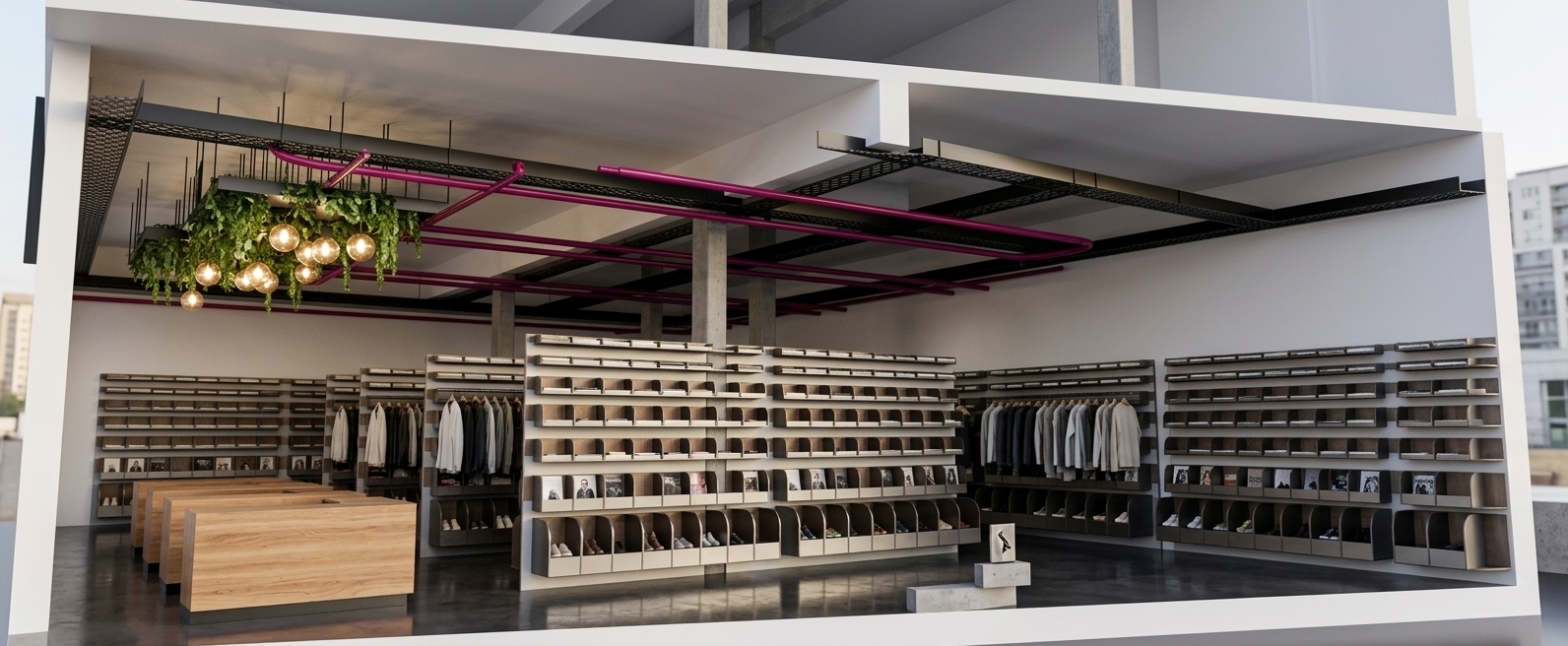 An incredibly lifelike, richly detailed, photorealistic wide-angle cutaway interior view of a modern fusion clothing store set in a sleek urban commercial complex. The scene is illuminated by ambient overhead light and the warm, ethereal glow of spherical pendant orbs nestling within a suspended ceiling planter, creating a dynamic, sophisticated, and inviting atmosphere. Captured with a professional 24mm architectural tilt-shift lens, emphasizing smooth matte-white geometric surfaces, warm natural wood counter accents, and striking magenta industrial utility lines, the open-concept space seamlessly merges modern retail elegance with raw industrial aesthetics. Parallel rows of modular, precision-crafted display shelves fill the expansive floor, subtly showcasing curated garments and stylish photography books alongside minimal yet impactful decor. Polished dark concrete floors reflect the intricate overhead black metal ceiling grid and exposed concrete structural pillars, while the lush cascading greenery suspended above the checkout counter introduces an organic warmth that perfectly balances the bold, black, white, and vibrant accent palette of this avant-garde fashion boutique.