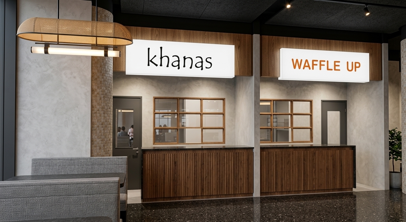 A professional interior photograph capturing this food court scene with exact structural geometry, camera perspective, and layout preserved. Above, an exposed black ceiling features industrial dark ducting and track fixtures softly fading into shadow. The floor is finished in a seamless, beige-toned vinyl with a soft satin sheen that catches ambient reflections. The sign headers for khanas and WAFFLE UP are rendered as illuminated white acrylic lightboxes with applied vinyl sticker lettering, casting a soft, even glow against the light oak wood paneling that frames them. The service counters display realistic fluted panel textures beneath polished dark stone countertops, while the grid windows feature clear glass with natural micro-reflections and fine dust, set within rich wood frames. In the foreground, the dining booth features tactile grey woven fabric upholstery, lit by a woven rattan pendant lamp that diffuses warm 3000K light down onto the seating area. Captured with sharp interior architectural photography settings, true-to-life material physics, precise contact shadows, and subtle natural lens vignetting.