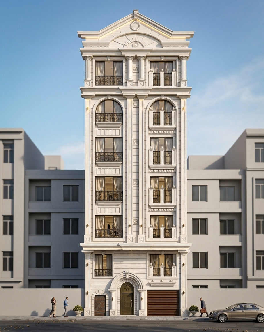 An incredibly lifelike, richly detailed, photorealistic eye-level architectural photograph of a grand seven-story luxury neoclassical residential facade set in an elegant urban streetscape. The scene is illuminated by crisp midday autumn sunlight complemented by integrated architectural wall-washers and soft LED accent strips, creating a sophisticated and regal atmosphere. Captured with a professional 35mm tilt-shift lens, emphasizing the rich, organic texture of white travertine stone, precise masonry joints, and flawless structural symmetry without vertical distortion. 

The building features a perfectly proportioned silhouette consisting of a ground level and six residential floors above. The ground floor and first floor align on a single flush facade plane, anchored by flat, spoon-shaped classical columns. Resting above the first floor, the upper five residential floors dramatically cantilever 1.30 meters forward over the street. The ground level displays a refined central entrance flanked by marble steps leading to a heavy bronze door framed by warm classical lanterns and stone planters, while a basement ramp is situated on the far left and a smooth parking gate occupies the right. Across the upper cantilevered levels, two full round classical columns frame the central axis, embellished between each story with intricate carved Egg-and-Dart stone relief panels. The roofline terminates in an elegant pediment supported by four short round columns, with the central duo slightly broader than the outer pair. The right side of the facade presents deep 1.40-meter cantilevered terraces revealing floor-to-ceiling glass living room doors framed by elegant, partially drawn curtains, while the left side displays symmetrical bedroom windows set within thick double-molded stone surrounds. Adjacent building flanks present solid, unadorned light gray cement finishes. On the pristine asphalt street in front, a few stylishly dressed pedestrians and a parked luxury European sedan complete this magazine-quality urban vignette.