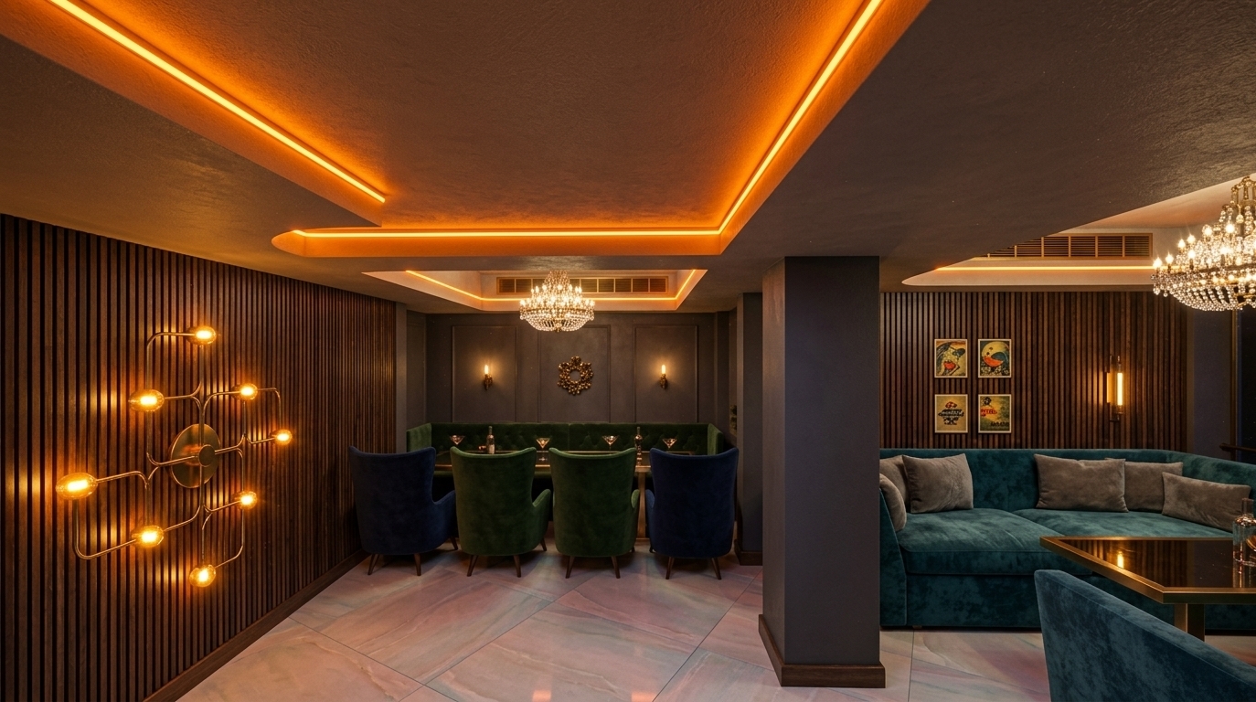An incredibly lifelike, richly detailed, photorealistic wide-angle interior photo of a luxurious retro-futuristic restaurant lounge set in a moody night setting. The scene is illuminated by striking, continuous orange neon cove strips recessed into a textured tray ceiling, paired with geometric brass wall sconces and sparkling crystal chandeliers, creating a bold, intimate space-age atmosphere. Captured with a high-end 24mm architectural lens, emphasizing contrasting metallic fixtures, vertical wood slatted paneling, and smooth plaster columns. The room artfully blends mid-century and futuristic furniture, featuring deep velvet wingback armchairs, streamlined dining nooks, and rich plush sofas. Framed vintage sci-fi posters adorn the slatted feature walls, complementing a sprawling, multi-bulb atomic light sculpture that casts warm amber light across the space. Soft pastel undertones on the large-format floor tiles balance the dark wood, polished surfaces, and vivid neon contrasts, creating a captivating, photography book-quality vision of retro-futuristic interior design.