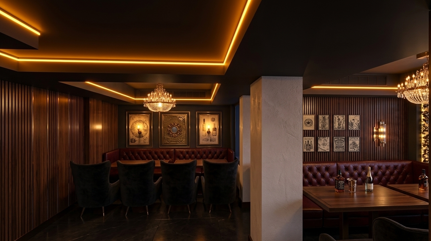 An incredibly lifelike, richly detailed, photorealistic wide-angle interior shot of a sophisticated lounge and dining area set in an exclusive nighttime restaurant space. The scene is illuminated by vibrant golden-orange neon LED ceiling coves, delicate crystal chandeliers, and warm wall sconces, creating a moody, retro-futuristic atmosphere. Captured with a professional wide-angle lens, emphasizing the rich contrast between sleek vertical slatted walls, plush dark velvet wingback chairs, and polished matte surfaces. Deep tufted leather booth seating lines the rich dark wood panelling in the background alcove, while a central raw plaster pillar separates intimate dining nooks. Framed vintage art adorns the vertical slatted accent wall, balancing nostalgia with space-age sophistication. Reflected ambient light glows across smooth floor tiles and dark timber tables, perfectly capturing the streamlined, cinematic charm of a high-end night venue.