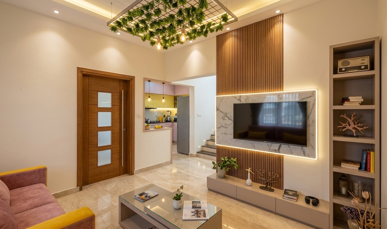 An incredibly lifelike, richly detailed, photorealistic wide-angle interior photo of a retro-futuristic living room set in a modern home on a bright autumn midday. The scene is illuminated by soft, recessed LED strip lighting and warm ambient glowing fixtures, creating a nostalgic, space-age atmosphere. Captured with a 24mm tilt-shift architectural lens, emphasizing glossy marble reflections, intricate slatted wood paneling, and subtle metallic accents. The space seamlessly merges streamlined mid-century forms with innovative sci-fi aesthetics, anchored by a plush dusty pink sofa with bold yellow accents resting on gleaming beige marble tile flooring. A focal media wall features a backlit marble panel with glowing neon trim suspended over vertical timber slats, seamlessly balanced by a tall open bookshelf displayed with photography books, a vintage-style radio, geometric glassware, and abstract sculptures. Above, a stylized hanging ceiling grid draped with rich green indoor plants and drop pendant lights introduces a fresh bio-futuristic element, while an open doorway and pass-through window offer depth into a brightly lit kitchen bathed in contrasting pastel and sunny yellow tones.