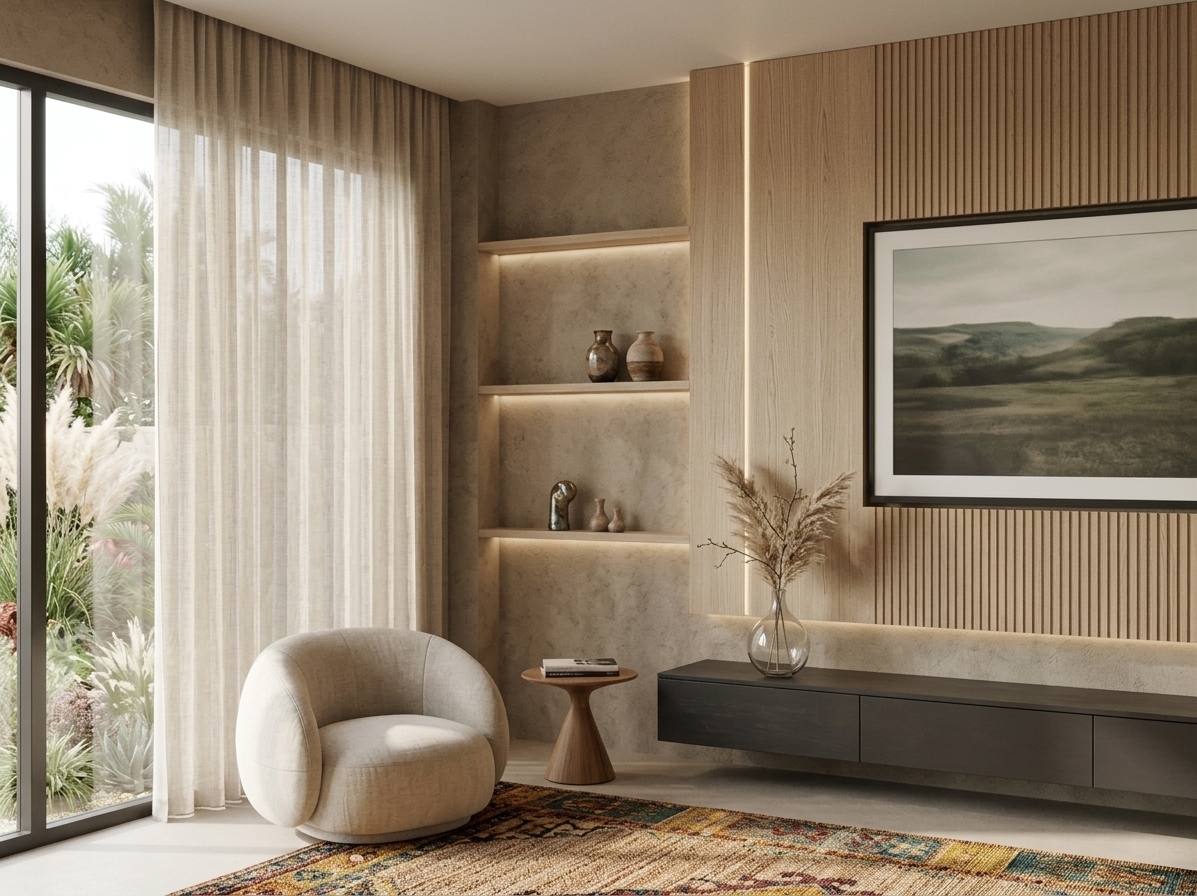 An incredibly lifelike, richly detailed, photorealistic wide-angle interior photo of a cozy bohemian oasis living room set in a modern contemporary residence. The scene is illuminated by soft, natural daylight streaming through sheer, floor-to-ceiling linen curtains paired with warm vertical LED accent lighting, creating a serene, inviting, and free-spirited atmosphere. Captured with a 35mm architectural lens, emphasizing tactile textures and rich global accents, the space features a striking wall composition composed of light-oak fluted wood panelling set against a textured, earthy concrete plaster backdrop. A dark charcoal floating console grounds the space beneath the wall-mounted television, holding a clear glass vase filled with delicate branches and feathery pampas grass. Open built-in shelving showcases vintage-collected pottery, handcrafted decor, and a styled photography book resting on a tapered wooden side table. In the foreground, a plush, rounded swivel armchair in a soft neutral linen sits atop a textured, woven rug in shades of warm rust, mustard yellow, and deep teal, blending modern clean lines with eclectic, organic warmth.