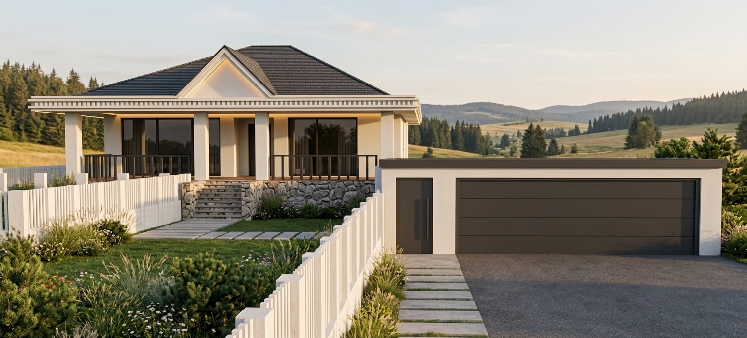 An incredibly lifelike, richly detailed, photorealistic eye-level exterior shot of a modern mountain escape farmhouse set in a tranquil alpine valley. The scene is illuminated by warm, low-slung golden hour sunlight paired with subtle, warm integrated LED accent lighting beneath the eaves, creating an inviting and serene atmosphere. Captured with a professional 35mm architectural lens, emphasizing the rugged natural fieldstone foundation, crisp off-white smooth stucco façade, and matte black steel finishes. 

The main focal point features an elevated front porch supported by clean white columns, positioned under a prominent gabled attic roofline with slate-blue roofing tiles. Large dark-tinted glass sliding doors reflect the soft sky and surrounding foliage, while a wide central staircase lined with natural stone walls leads down to a paved stepping-stone path. To the side, a sleek flat-roof garage structure houses a charcoal-grey multi-panel vehicle door and matching pedestrian entrance. A contemporary white slatted fence naturally frames the well-manicured lawn, surrounded by lush native grasses and low shrubs that ground the luxury mountain residence effortlessly into its natural countryside surroundings.