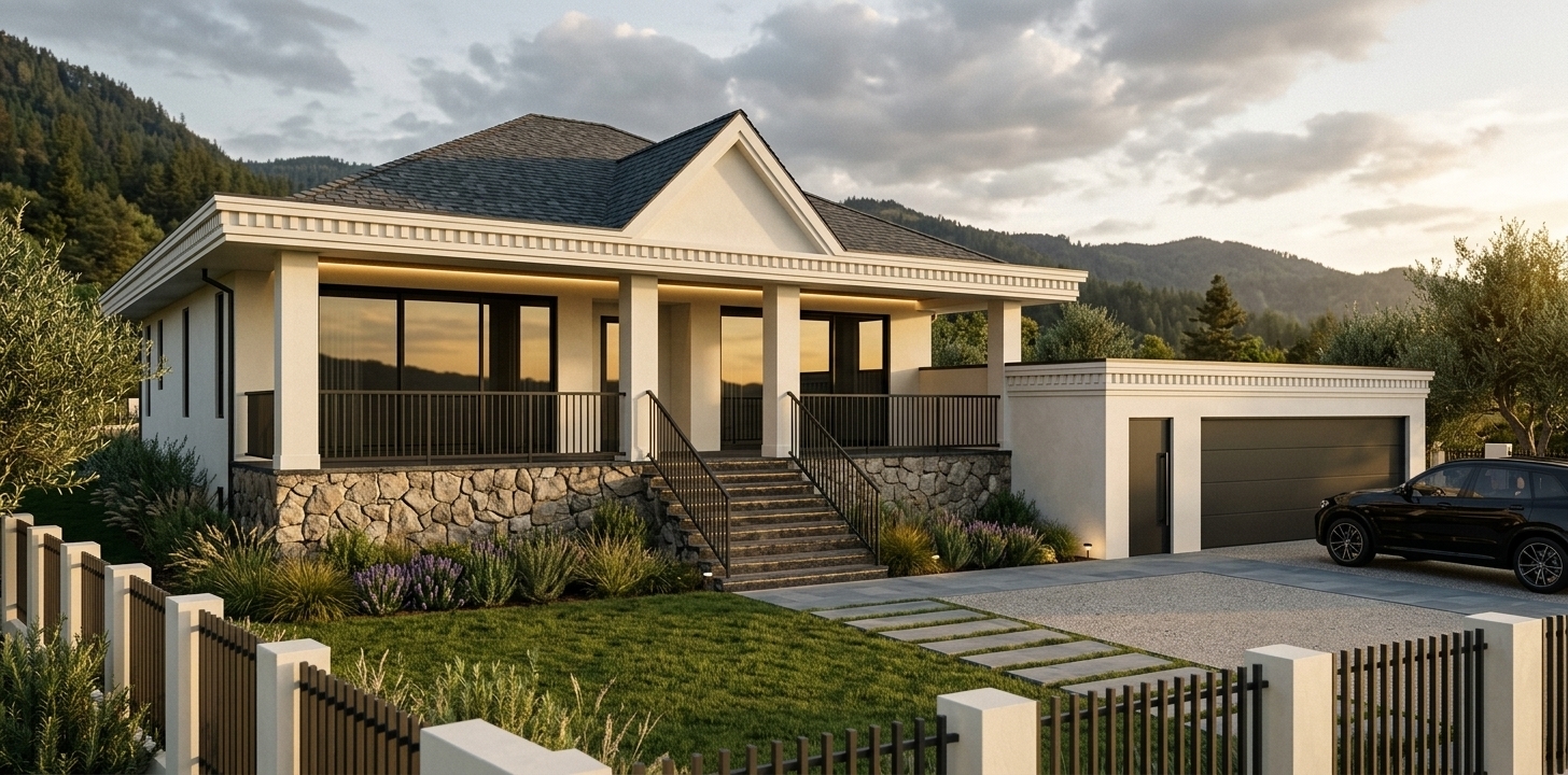 An incredibly lifelike, richly detailed, photorealistic eye-level exterior shot of a luxury modern farmhouse estate set in a secluded mountain escape. The scene is illuminated by low-angled golden hour sunlight, creating a warm, inviting, and serene atmosphere. Captured with a 35mm architectural lens, emphasizing raw natural fieldstone textures, smooth off-white stucco cladding, crisp dentil moldings under the deep eaves, and dark matte steel accents...

The main focal point of the home is its elevated front veranda, accessible via a wide set of dark stone stairs with integrated tread lighting. Rustic, rough-hewn stone walls anchor the porch foundation, establishing a seamless architectural harmony between the residence and its rugged mountain backdrop. Framed by crisp white square columns and sleek black metal railings, large dark-tinted glass sliding doors reflect the soft golden sky. To the right, a low-profile garage structure with a dark charcoal sectional door and a matching side door sits adjacent to a wide paved driveway, where an elegant black SUV is subtly parked for scale. 

In the foreground, a modern perimeter fence with contrasting white posts and dark steel pickets frames a manicured lawn and a linear stone stepping-stone walkway. Lush, naturalistic landscaping—featuring native grasses, purple lavender, low shrubs, and olive trees—softens the clean architectural lines. Integrated warm LED strip lights beneath the eaves and subtle landscape uplighting cast a gentle glow across the textured facades, highlighting the depth, refined craftsmanship, and timeless elegance of this high-end mountain retreat.