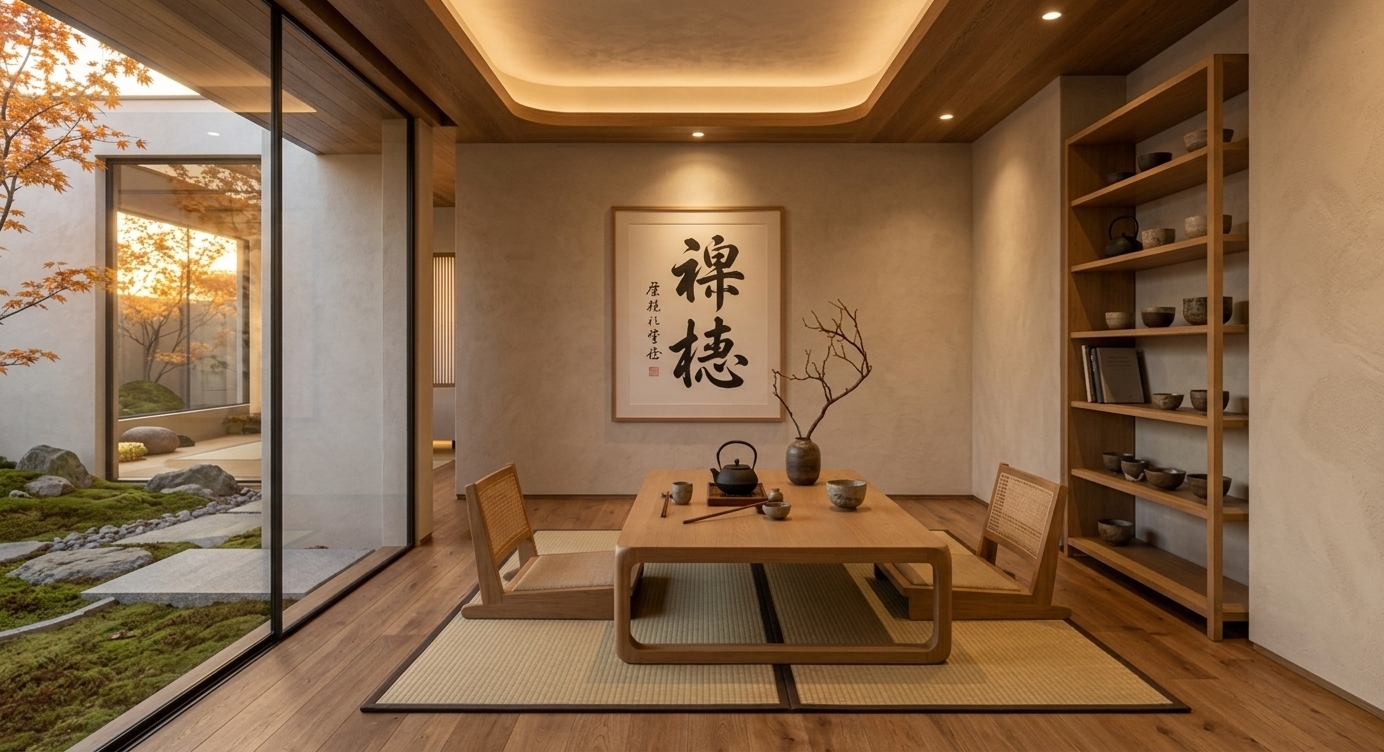 An incredibly lifelike, richly detailed, photorealistic wide-angle interior photo of a Japanese Zen dining room set in a secluded sanctuary during a crisp autumn evening. The scene is illuminated by the amber, golden rays of a low-setting sunset streaming through floor-to-ceiling glass panels, augmented by subtle recessed ceiling cove lighting, creating a deeply tranquil and calm atmosphere. Captured with a 35mm prime lens, emphasizing tactile lime-wash wall surfaces, smooth light oak grains, and organic woven tatami fiber textures, the space perfectly embodies wabi-sabi aesthetic principles. 

In the center of the balanced, uncluttered room sits a low wooden dining table flanked by traditional zaisu floor chairs with natural cane backrests. The clutter-free surface features an iron cast teapot, hand-crafted ceramic teacups, a curated photography book, and a single branch arrangement in a rustic vase. Along the back wall, a minimalist oak shelving unit showcases artisanal pottery alongside a lush indoor bonsai plant. Above the table, an elegant framed piece of black Japanese calligraphy wall art anchors the simple space, contrasting dramatically against soft neutral plaster walls. Outside the glass, a serene courtyard garden showcases autumn maple leaves cascading over mossy rocks and a still water feature, effortlessly merging natural greens, rich charcoal blacks, and warm earthy neutrals into a harmonious, soul-soothing design.
