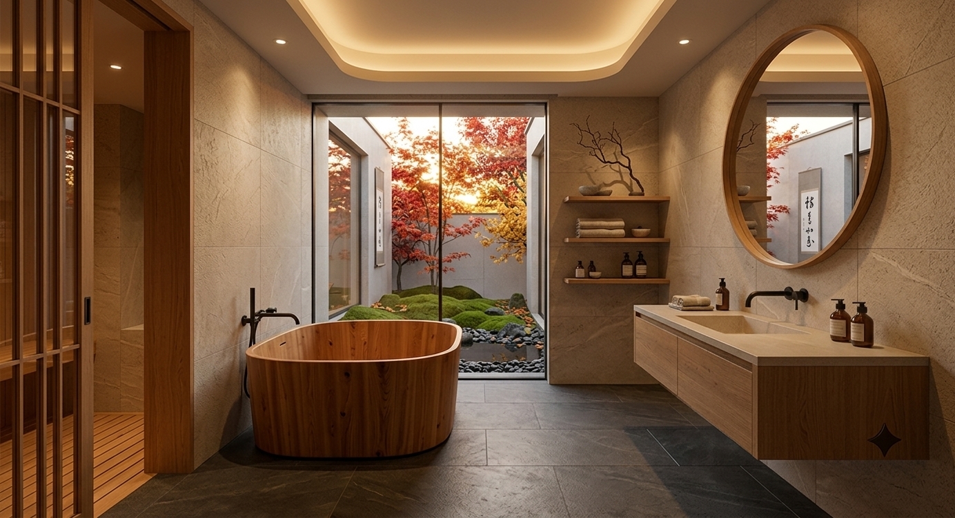 An incredibly lifelike, richly detailed, photorealistic wide-angle interior photo of a Japanese Zen bathroom set in a tranquil autumn retreat. The scene is illuminated by the warm, amber glow of a low-setting sunset filtering through the glass paired with soft recessed cove ceiling lighting, creating a deeply calm, meditative atmosphere. Captured with a high-resolution 35mm lens, emphasizing the organic grain of warm Hinoki wood, tactile matte limestone tiles, and smooth dark river stones. Reimagined with a focus on wabi-sabi elegance, the spatial layout centers around a deep oval wooden soaking bathtub set against a floor-to-ceiling window overlooking a secluded Zen courtyard. Outside, fiery red and golden Japanese maple trees drop leaves onto a velvety green moss mound and mirror-like water feature. Indoors, clutter-free surfaces display refined Japanese decor, including a sleek floating oak vanity, a low wooden bench holding a fine art photography book alongside neatly folded linen, and a minimalist Japanese calligraphy wall art hanging gracefully on the neutral textured wall. Matte black hardware provides a striking contrast against the warm neutral stone palette, while small indoor plants and delicate ikebana branches enhance the seamless connection between indoor luxury and natural harmony.