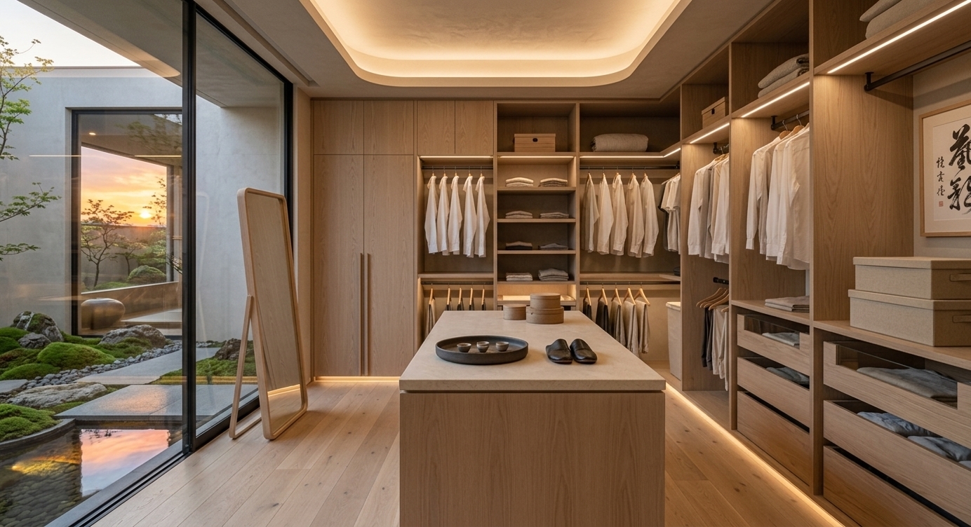 An incredibly lifelike, richly detailed, photorealistic wide-angle interior photo of a Japanese Zen walk-in closet set in a serene modern residence during late spring. The scene is illuminated by the gentle, golden glow of a setting spring sunset streaming through floor-to-ceiling glass, complemented by soft, warm cove ceiling lighting and concealed LED strips under cabinet shelving, creating a tranquil, harmonious, and deeply calm atmosphere. Captured with a 35mm prime lens, emphasizing the tactile textures of light natural wood grain, hand-troweled plaster walls, raw stone surfaces, and delicate linen fabrics.

The space embraces a refined, uncluttered wabi-sabi aesthetic rooted in a sophisticated palette of warm neutrals, matte slate blacks, and soft natural greens. Low wooden built-in cabinetry in pale, light-stained oak stretches across the room, featuring open hanging rails with impeccably arranged neutral garments, alongside smooth, clutter-free surfaces. At the center sits a low wooden island with a honed cream limestone countertop, hosting minimal Japanese decor including a raw ceramic dish and dark leather slippers. Nearby, a framed piece of dynamic Japanese calligraphy wall art offers a bold, artistic focal point against the soft neutral plaster wall. Outside the sliding glass, an inner spring courtyard garden features lush green moss mounds, weathered rocks, a delicate bonsai arrangement, and a shallow water basin capturing the orange and violet reflections of the sunset, perfectly bridging the boundary between the peaceful interior and natural world.