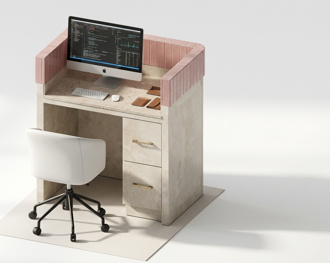 A studio product photograph capturing the exact desk unit workstation and white office chair setup against a seamless, pristine white background, strictly preserving the original camera angle, isometric perspective, and composition. The surrounding acoustic enclosure features vertical dusty rose ceramic tiles with a soft glossy glaze and thin grout lines reflecting ambient studio lights. The main desk frame is crafted in a matte beige concrete-effect material exhibiting subtle micro-porosity and authentic tactile texture, while the desktop surface is rendered in polished Perlato marble with delicate cream and beige veining under a smooth, subtle specular sheen. Attached to the drawers are brushed brass handles with fine metallic grain. The computer setup consists of a slim aluminum computer screen displaying a realistic glowing desktop interface, paired with a dark tactile keyboard and a smooth white mouse on the marble surface. The white office chair in the foreground shows soft material contours, subtle fine seams, and a matte black powder-coated base with realistic casters. Soft, neutral ambient studio lighting casts gentle, realistic contact shadows beneath the desk and chair, creating natural depth and clear material definition across all surfaces.