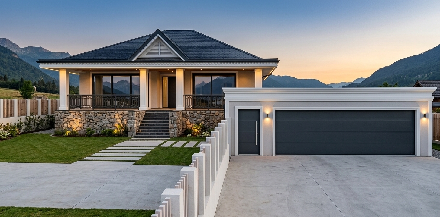 An incredibly lifelike, richly detailed, photorealistic wide-angle exterior view of a luxury modern farmhouse set in a serene mountain escape. The scene is illuminated by the soft, warm glow of a golden hour sunset transitioning into blue hour, creating a sophisticated and welcoming atmosphere. Captured with a 24mm architectural tilt-shift lens, emphasizing the rich natural stone foundation, crisp white plaster facades, and pristine material textures. 

The composition features a elevated main residence capped with a dark slate hip roof and a central attic gable, fronted by expansive floor-to-ceiling glass sliding doors that subtly reflect the ambient sky. A grand dark stone staircase cuts through the center of a rustic, hand-stacked natural stone retaining wall, leading to a covered porch framed by clean white columns and dark metal balustrades. Modern concrete stepping stones traverse a manicured lawn framed by low white perimeter fencing. Directly adjacent to the right, a spacious attached garage displays a matte charcoal-gray sectional door and a matching side entry door, crowned with detailed white cornice molding that echoes the upper roofline. Integrated warm LED lighting beneath the eaves and subtle landscape uplighting cast soft highlights across the stone surfaces, giving the entire estate an inviting, high-end architectural appeal.