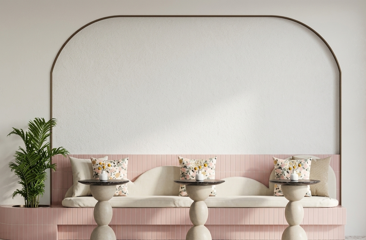 An architectural interior photograph capturing the exact straight-on elevation view of a modern lounge seating niche set against a smooth white wall with a large minimalist arch detail. The lower bench wall and base are clad in powder pink vertical ceramic faïence tiles with a soft satin sheen, fine grout lines, and subtle realistic light highlights. Set along the bench are three side tables, each crafted with a sculpted, stacked-ellipsoid base in tactile beige concrete with microscopic surface porosity, capped with a thin round tabletop of polished beige Perlato marble displaying faint natural fossilized flecks and light veining. On each marble top rests a small white ceramic vase with delicate yellow dried flowers. The cushioned banquette features smooth cream-colored upholstery with natural soft folds, lined with cream back pillows and colorful terrazzo-patterned throw pillows. On the far left, a vibrant green potted houseplant shows natural leaf textures and subtle depth. Bright, diffused daylight fills the scene evenly, casting soft ambient shadows under the tables and bench, photographed with a clean prime architectural lens to capture crisp material textures and realistic surface physics.
