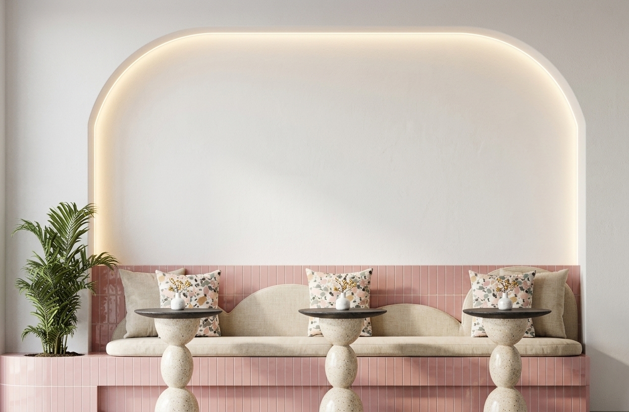 A straight-on architectural interior photograph capturing the exact front-elevation composition shown, illuminated by soft, diffused daylight complemented by a subtle, warm LED light strip concealed along the inner perimeter of the large wall arch, casting a soft downward glow. The backdrop consists of a crisp white plaster wall framed within the large arch detail. The built-in bench base and lower back wall are finished in glossy, dusty powder pink vertical faïence tiles featuring fine grout lines and realistic glaze reflections. The long seating cushion and contoured backrest are upholstered in a textured cream-colored fabric, accented with patterned throw pillows showcasing rich woven detail. In front of the bench, three identical side tables feature sculptural stacked-sphere pedestal legs in a matte beige concrete finish, topped with polished Perlato marble circular tops displaying delicate cream veining and realistic surface reflections. On each tabletop rests a small ceramic vase with yellow blooms, while a vibrant leafy palm plant stands on the left with natural leaf textures and micro-details. Captured with an architectural 50mm lens, preserving perfectly straight lines, crisp depth of field, natural material physics, and subtle photographic imperfections like faint light blooming and gentle vignetting.