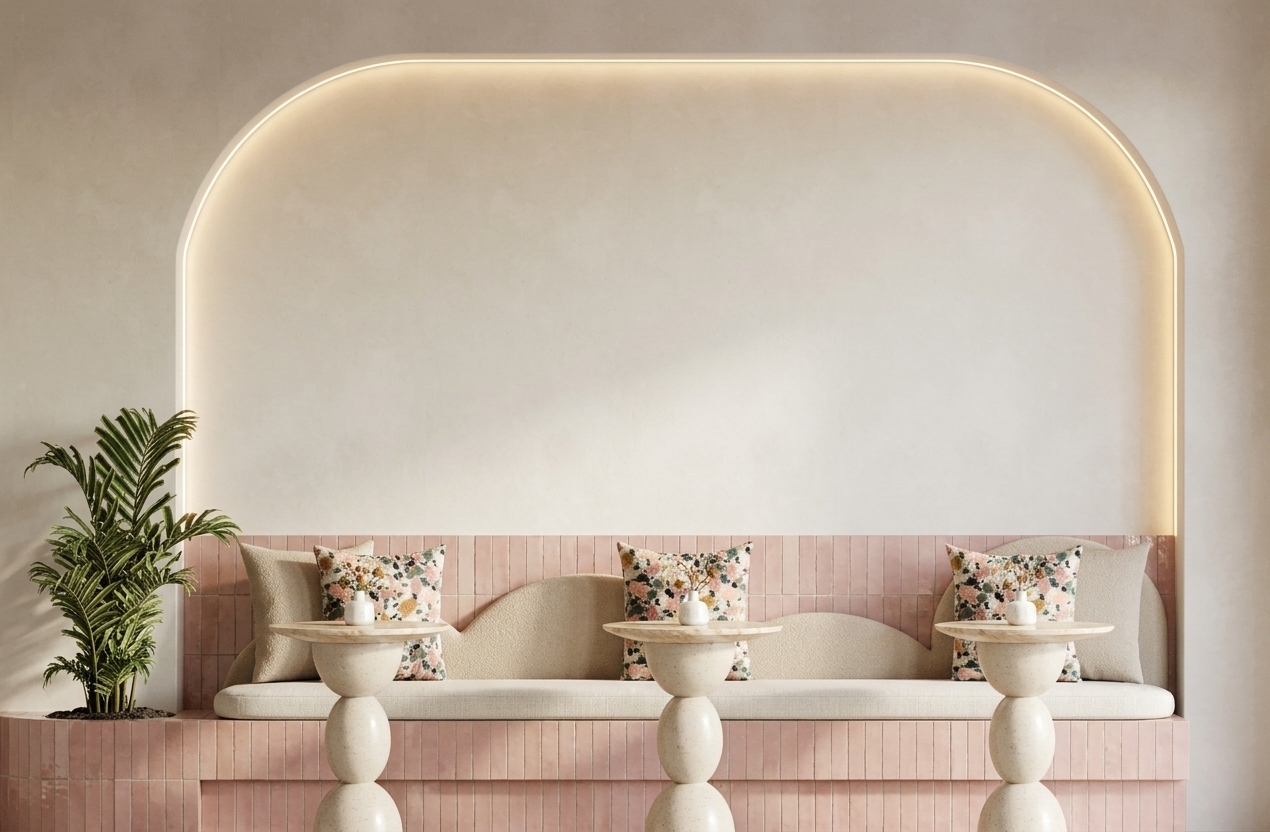An architectural straight-on interior photograph of the exact elevation scene, captured with ultra-realistic textures, natural materials, and professional lighting. The built-in banquette and lower wall are clad in vertical powder-pink ceramic subway tiles featuring a subtle satin glaze, thin light grout lines, and soft surface variations. Resting on the tiled banquette is a long cushion and smooth backrests upholstered in off-white woven linen fabric, flanked by decorative cushions featuring a muted terrazzo pattern. Three identical sculptural side tables stand in front, each supported by a stacked-sphere pedestal made of warm beige concrete with a subtle micro-cement texture, topped with a polished round disc of beige Perlato marble displaying natural cream-colored veining and delicate soft reflections. On each tabletop rests a small matte white ceramic vase holding delicate dried sprigs. To the left, a lush potted indoor plant shows natural leaf detail, rich dark green tones, and light catches on its fronds. Framing the seating is a large wall arch with a clean off-white plaster finish, softly illuminated by a continuous warm LED light strip concealed neatly along its inner perimeter curve, creating a smooth halo glow against the wall. Shot on a medium format camera at eye level with perfect straight vertical lines, precise depth of field, balanced color temperature, and realistic surface micro-textures.